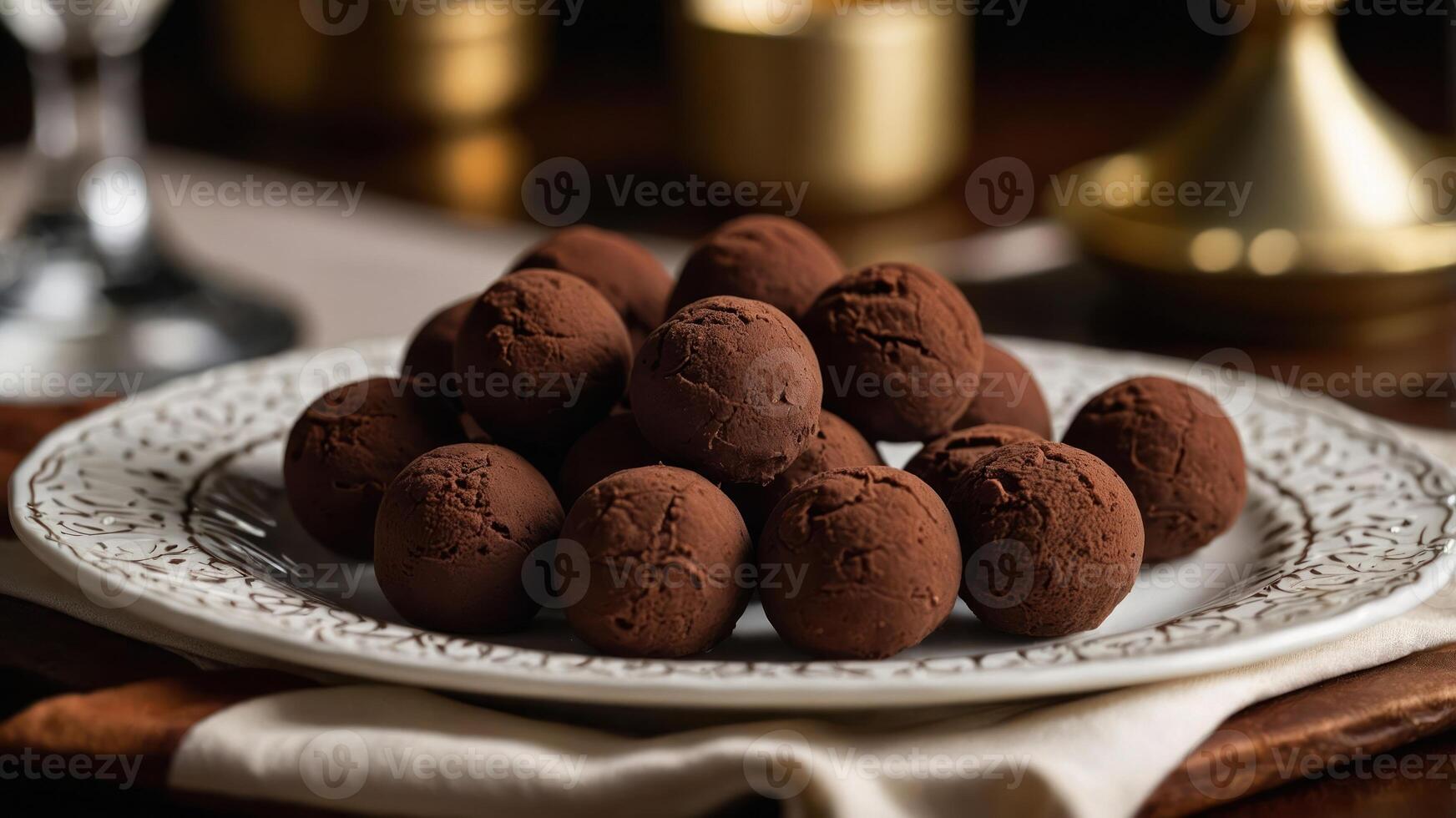 A plate of rich chocolate truffles dusted with cocoa powder, inviting for a sweet indulgence. photo