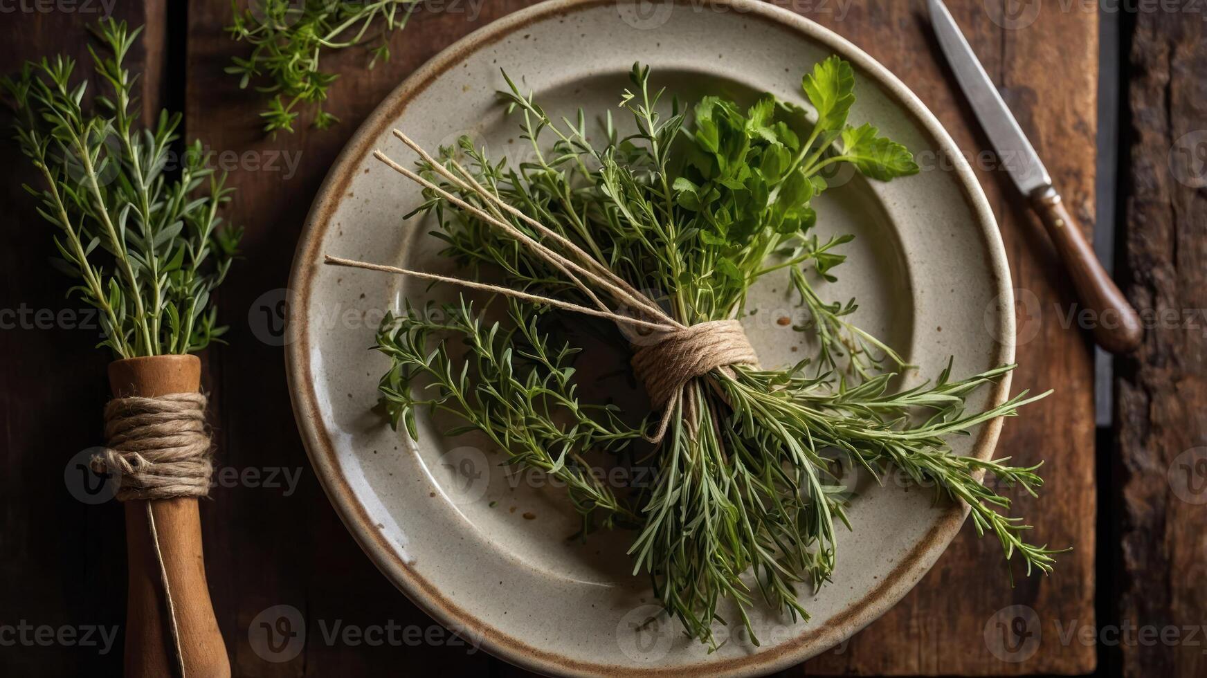 A rustic plate with bundled fresh herbs, showcasing culinary ingredients for cooking. photo