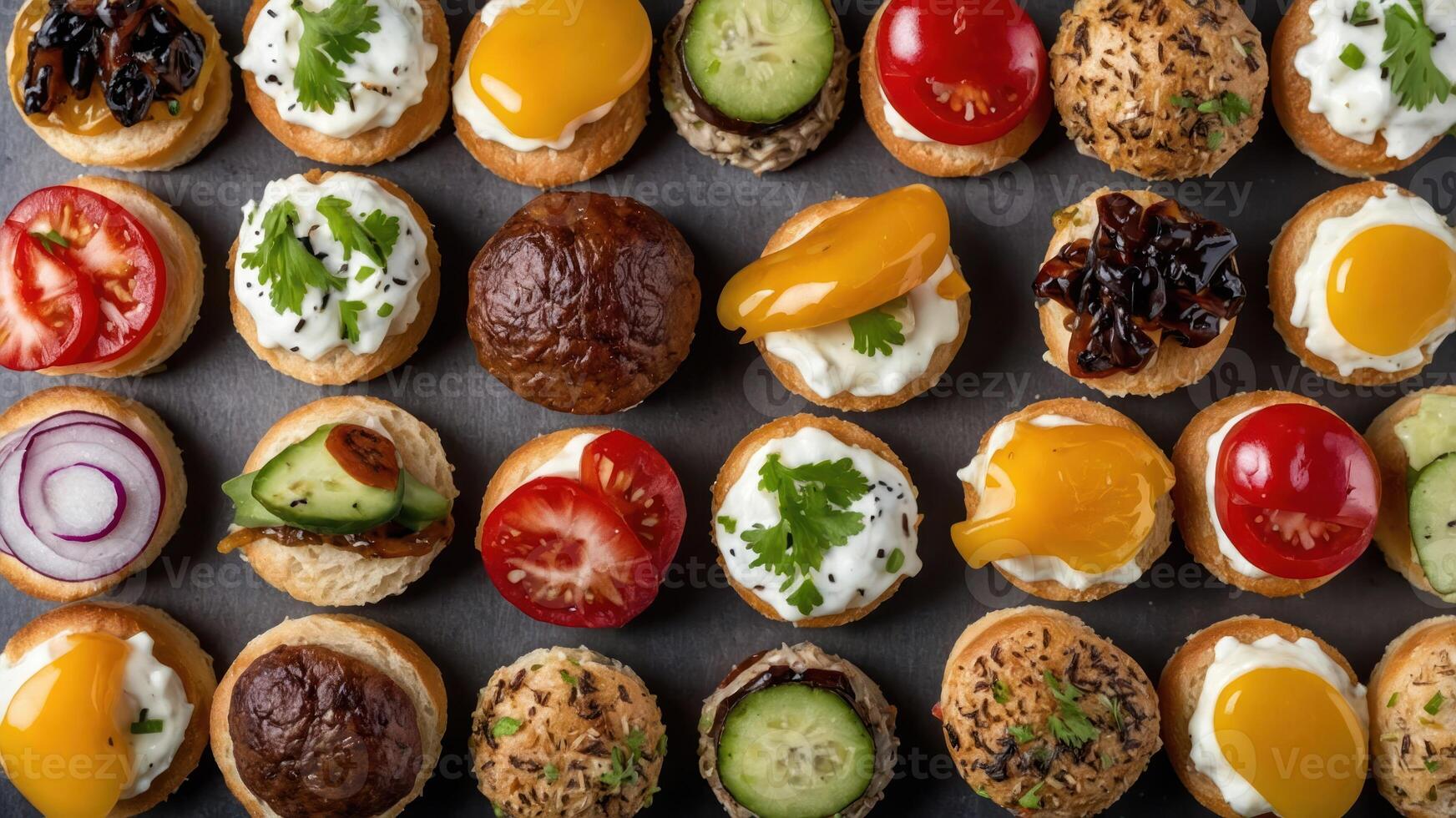 A colorful assortment of bite-sized appetizers garnished with various toppings. photo
