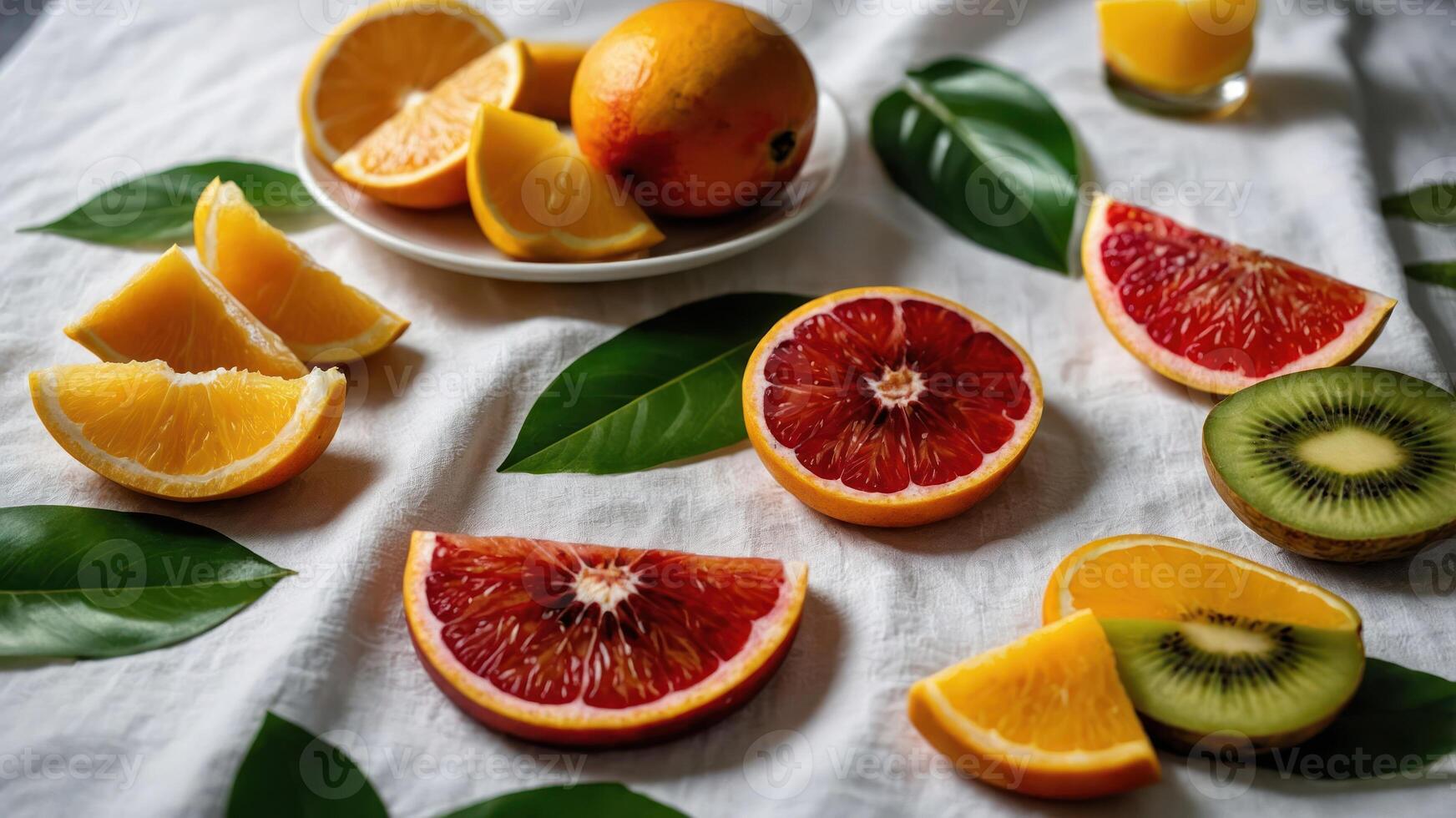 A vibrant arrangement of assorted fruits on a textured surface, highlighting freshness. photo