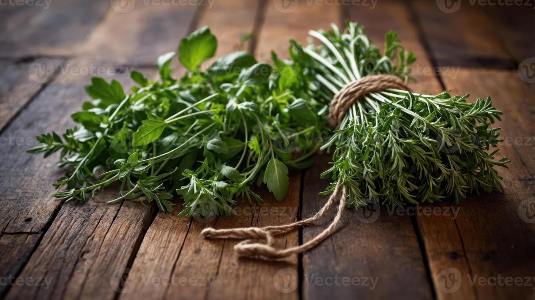 A bundle of fresh herbs tied with twine on a wooden surface. photo