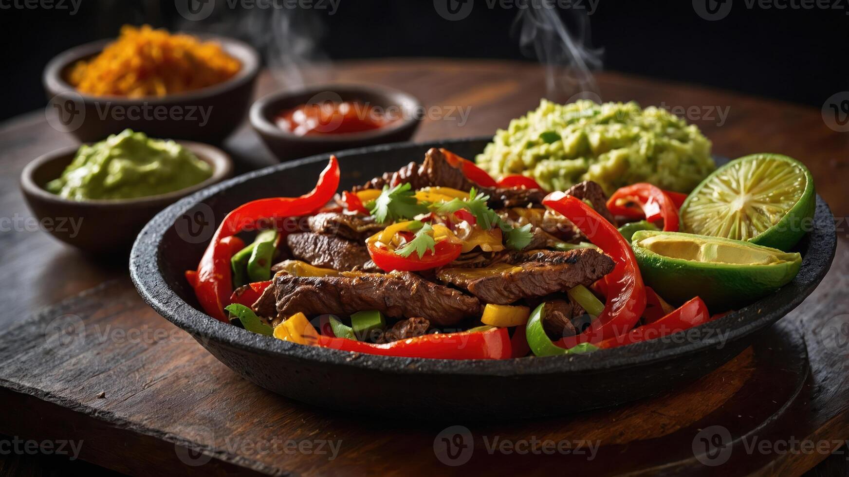 A sizzling platter of fajitas with beef, peppers, guacamole, and sauces, served with lime. photo
