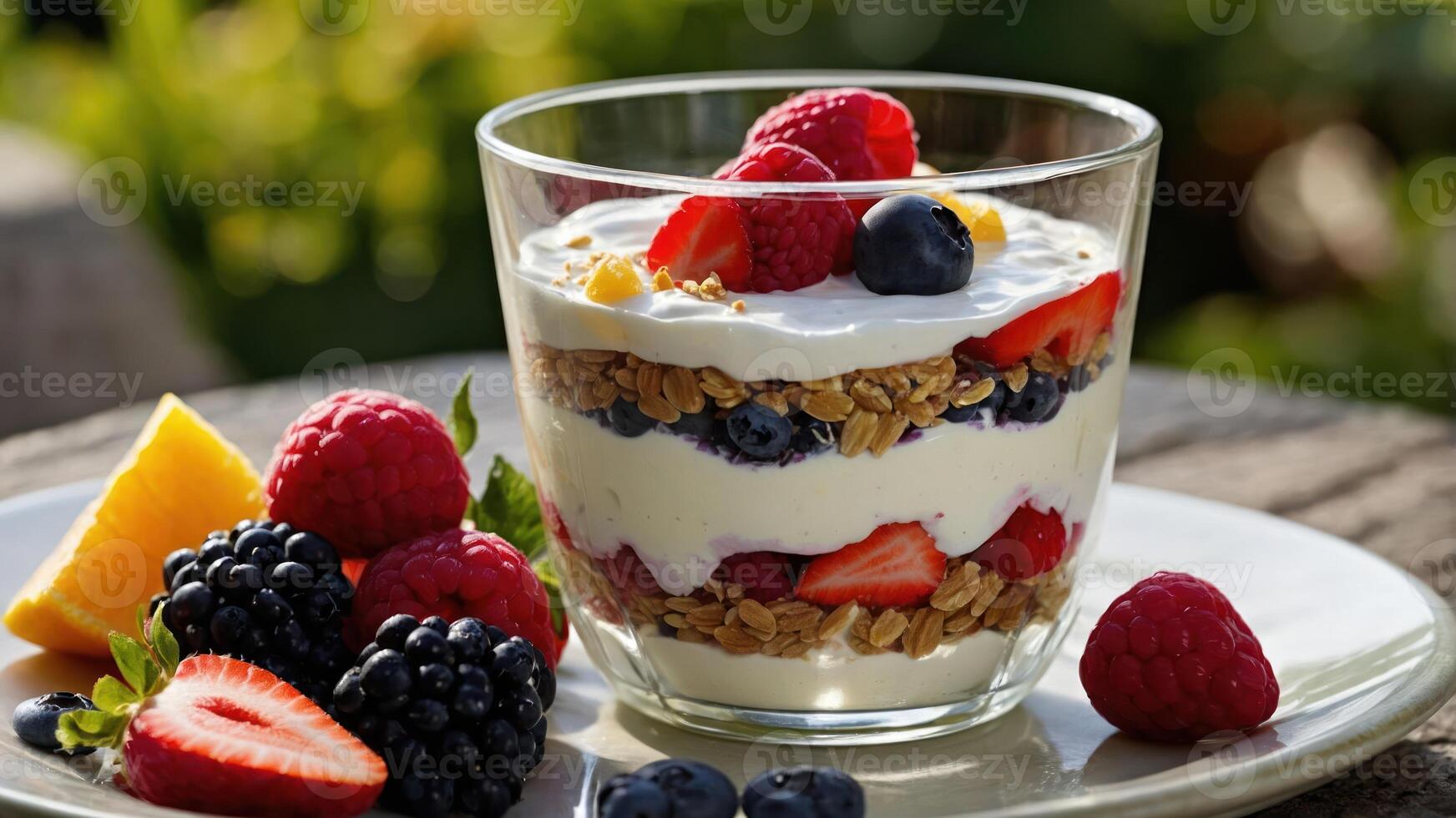 A delicious parfait layered with yogurt, granola, and fresh berries. photo