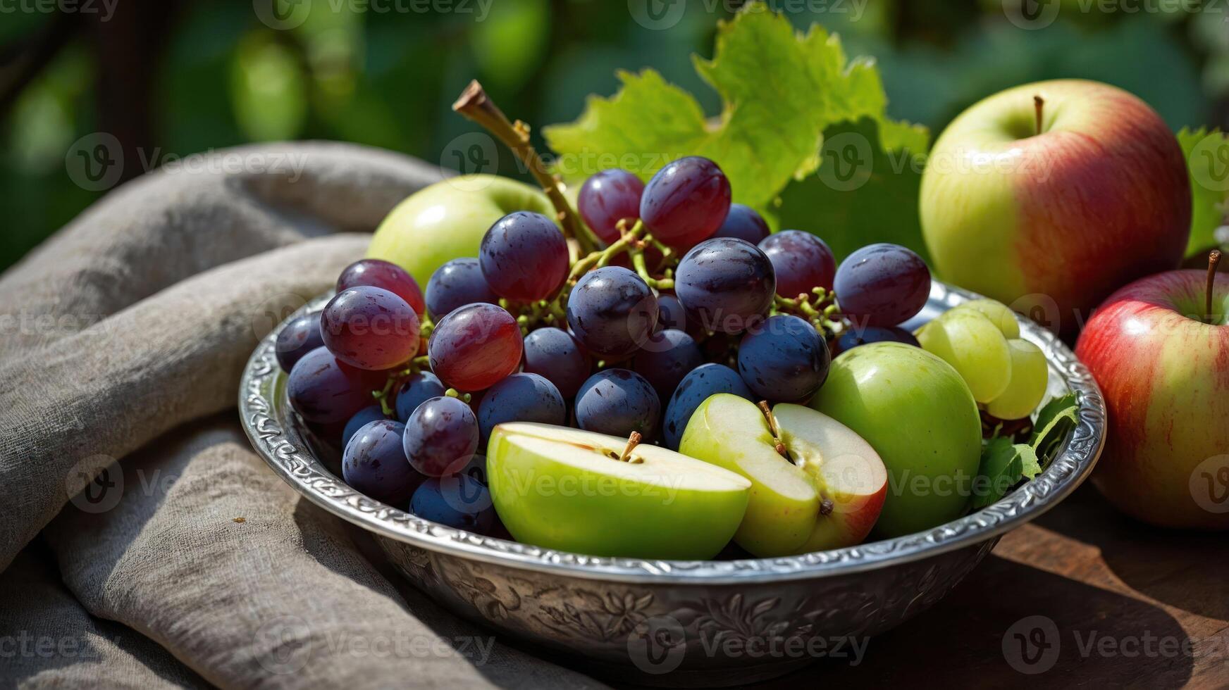 A bowl of assorted fruits, including green apples and grapes, on a textured cloth. photo