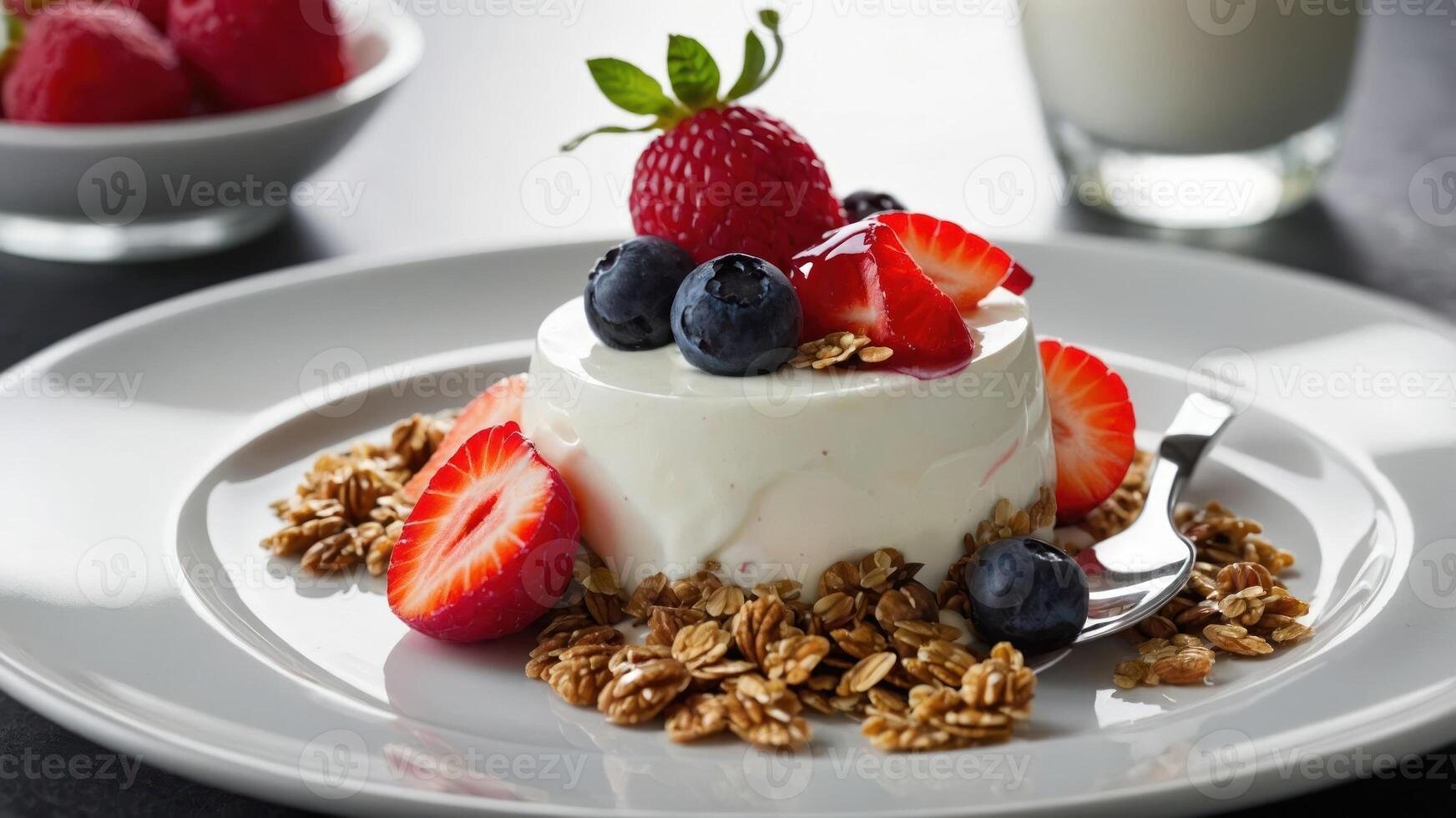 A dessert featuring yogurt, granola, and fresh berries, elegantly plated for a delightful treat. photo