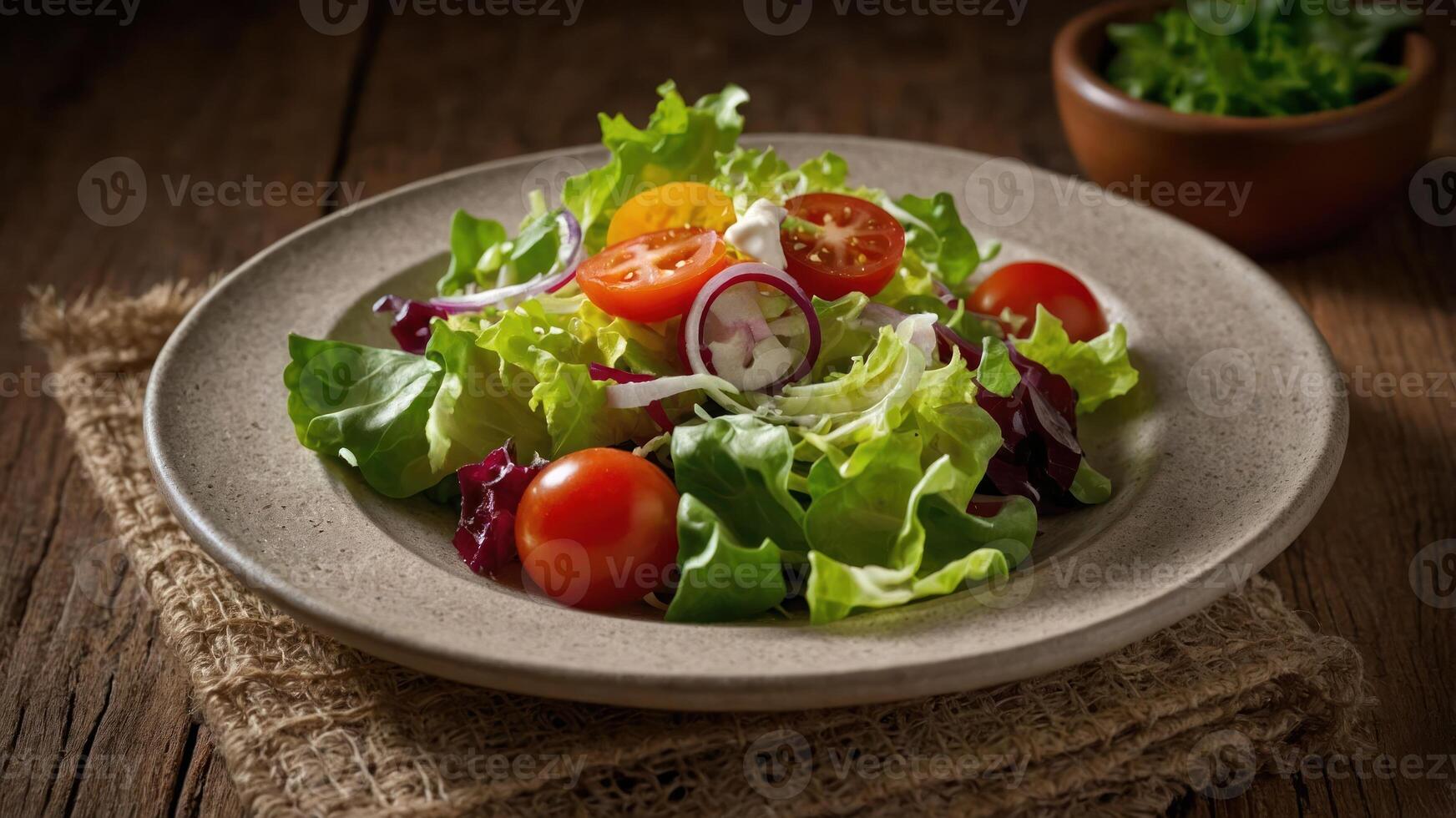 A fresh salad with lettuce, tomatoes, and onions served on a rustic plate. photo