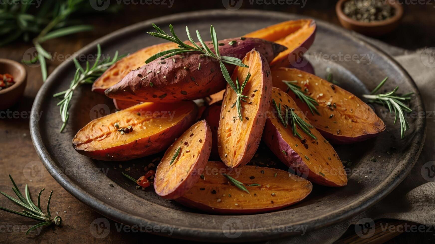 A rustic plate of roasted sweet potato wedges garnished with herbs and spices. photo