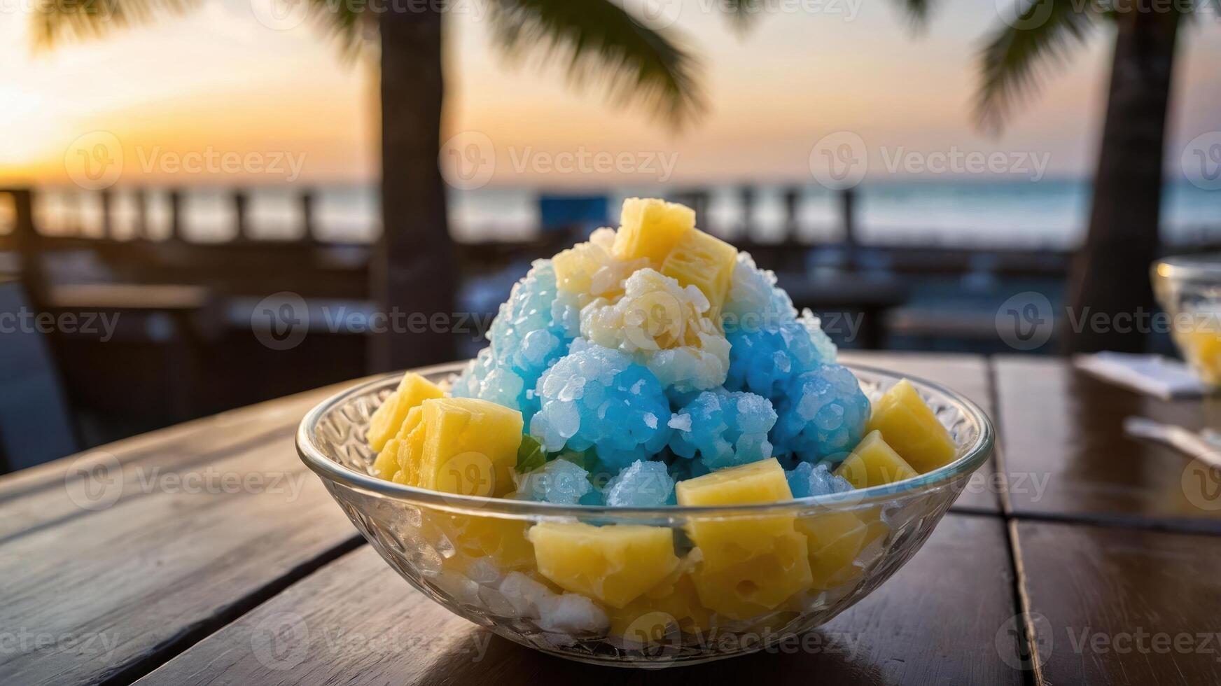 A colorful dessert featuring blue and yellow shaved ice served in a bowl by the beach at sunset. photo