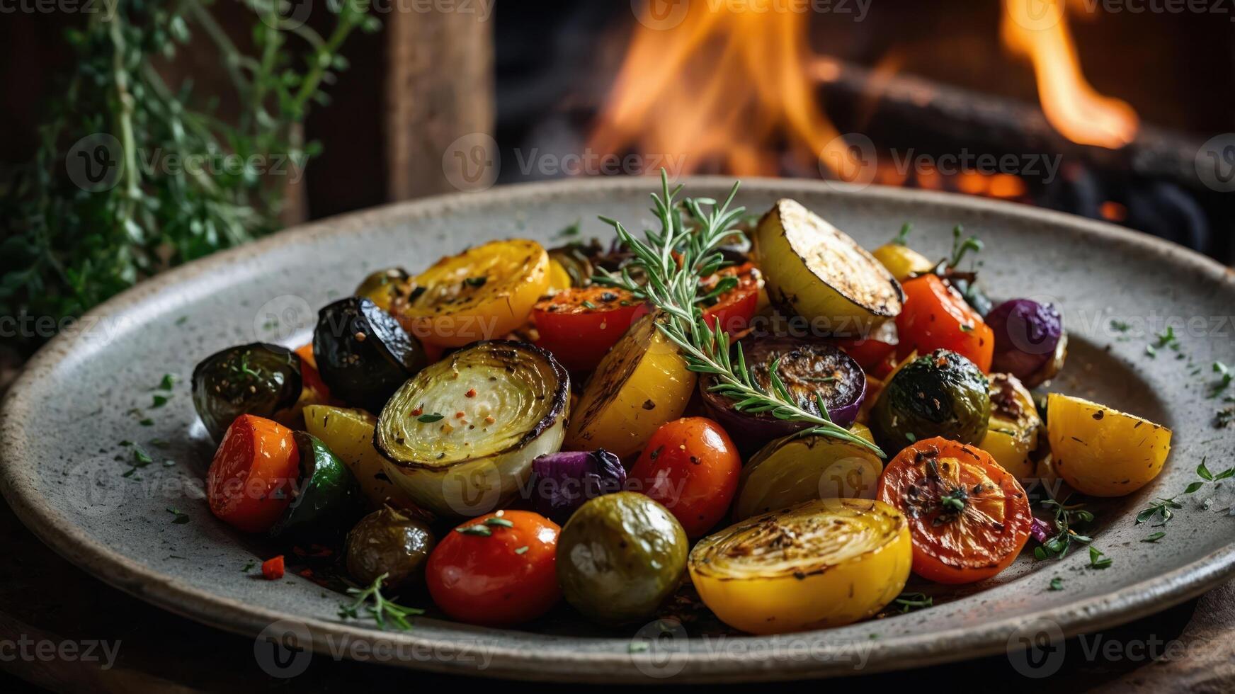 A vibrant plate of roasted vegetables garnished with herbs, showcasing a rustic culinary dish. photo