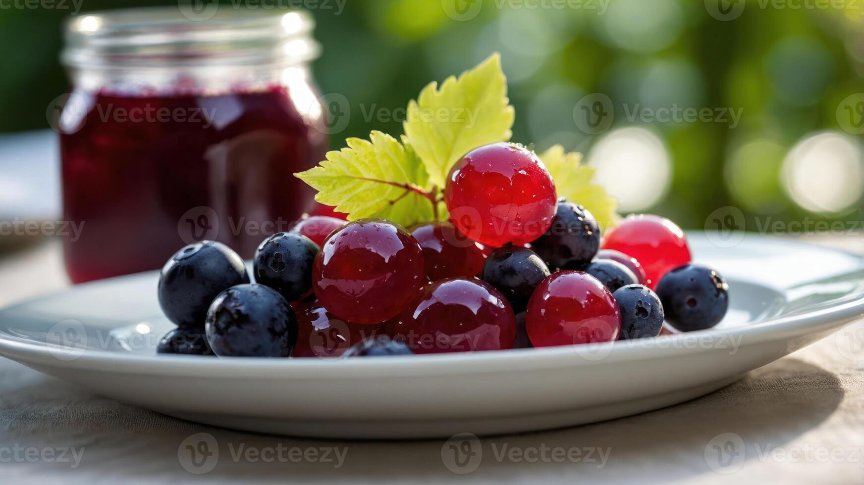 A plate of fresh berries with a jar of jam in the background, highlighting natural foods. photo