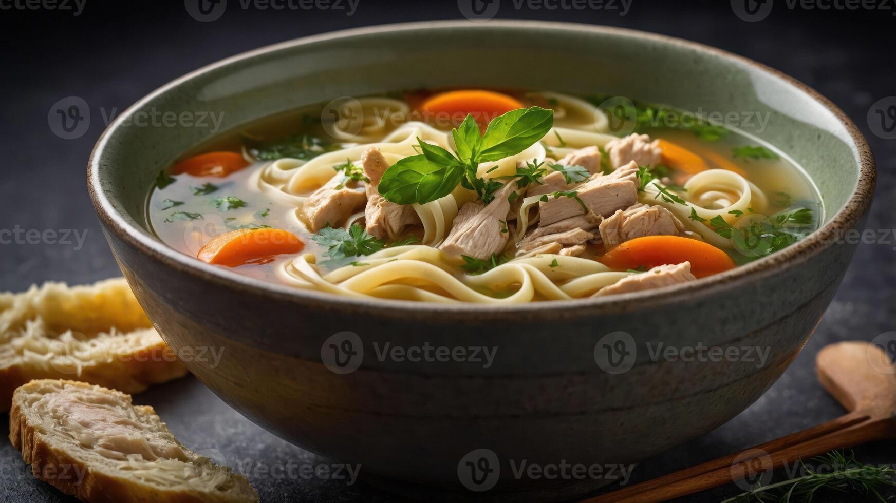 A bowl of chicken noodle soup with vegetables and herbs, showcasing comfort food. photo