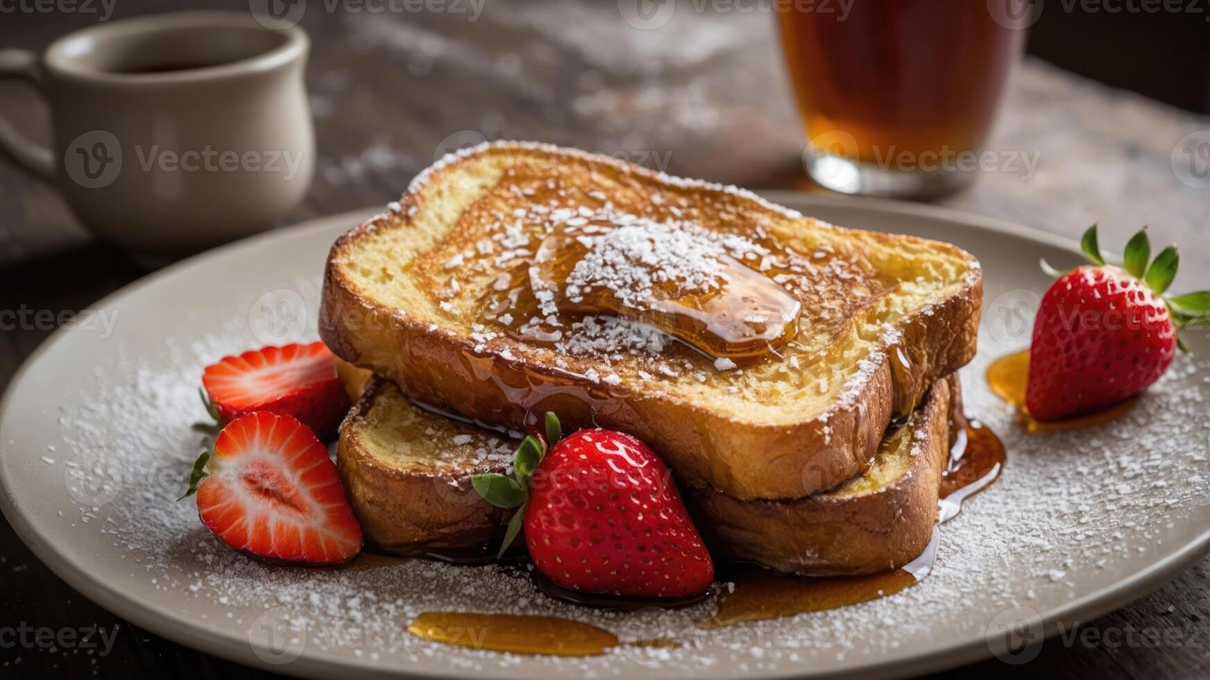 A delicious plate of French toast topped with syrup and strawberries, perfect for breakfast. photo