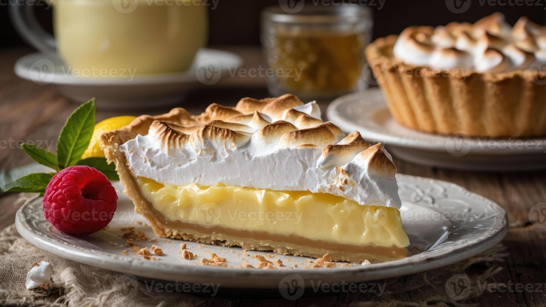 A slice of lemon meringue pie on a plate, showcasing its creamy filling and fluffy topping. photo