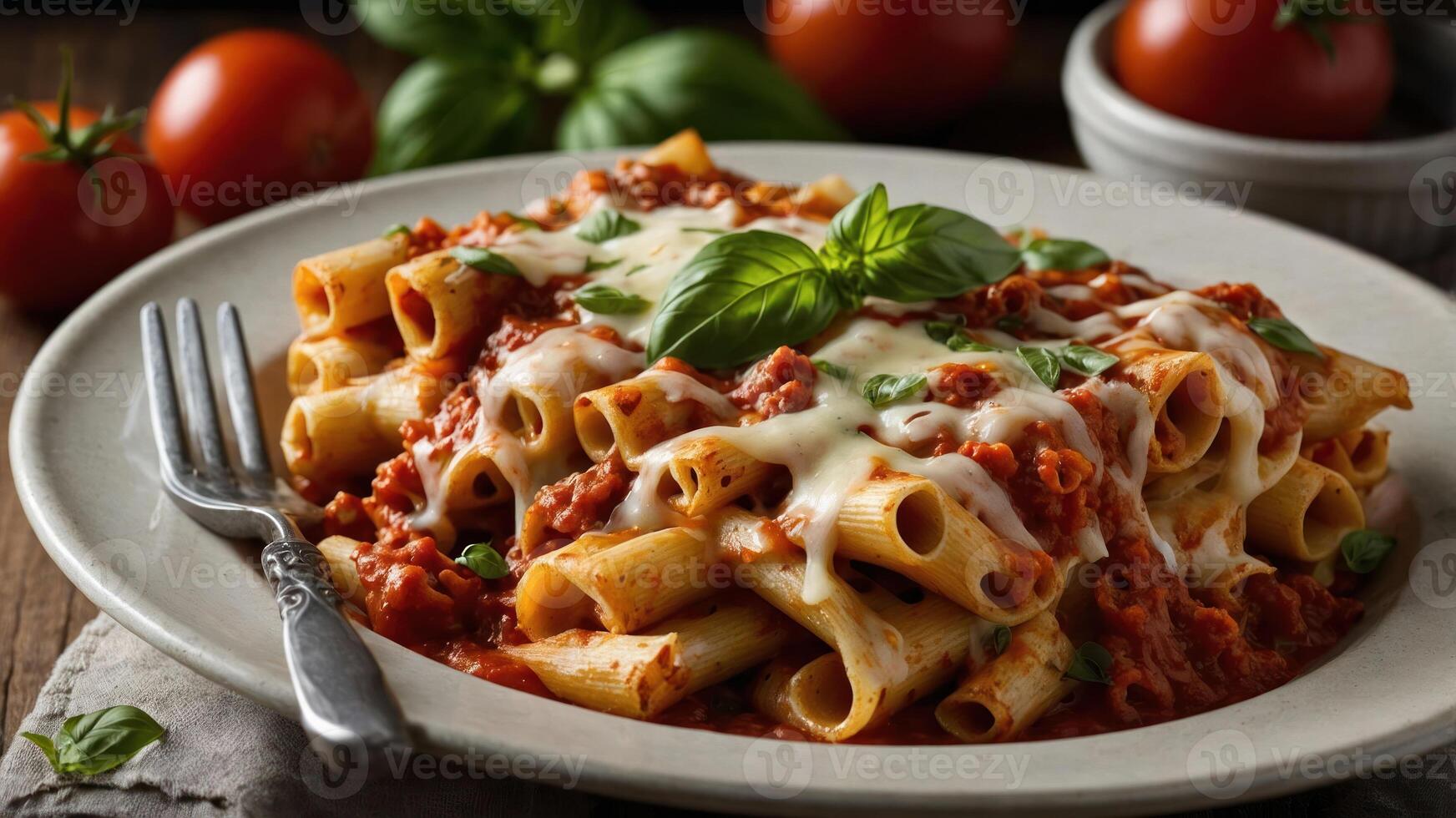 A plate of pasta with tomato sauce, cheese, and fresh basil, served with a fork. photo