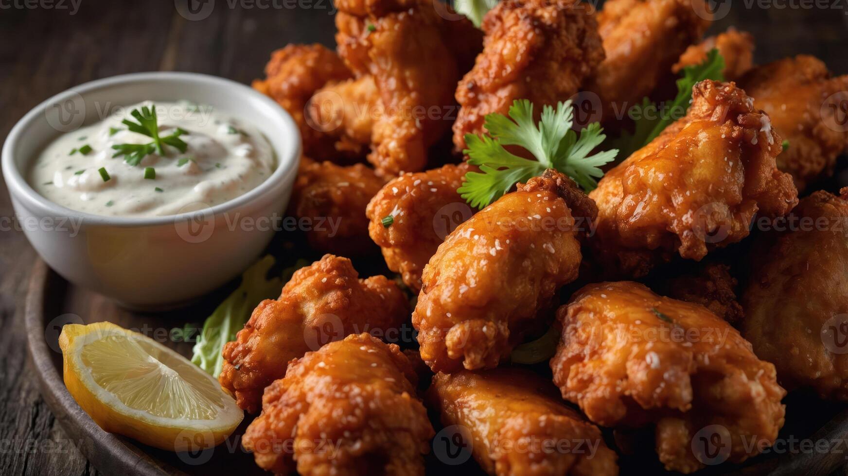 A delicious platter of crispy chicken wings served with a creamy dip and garnished with herbs. photo