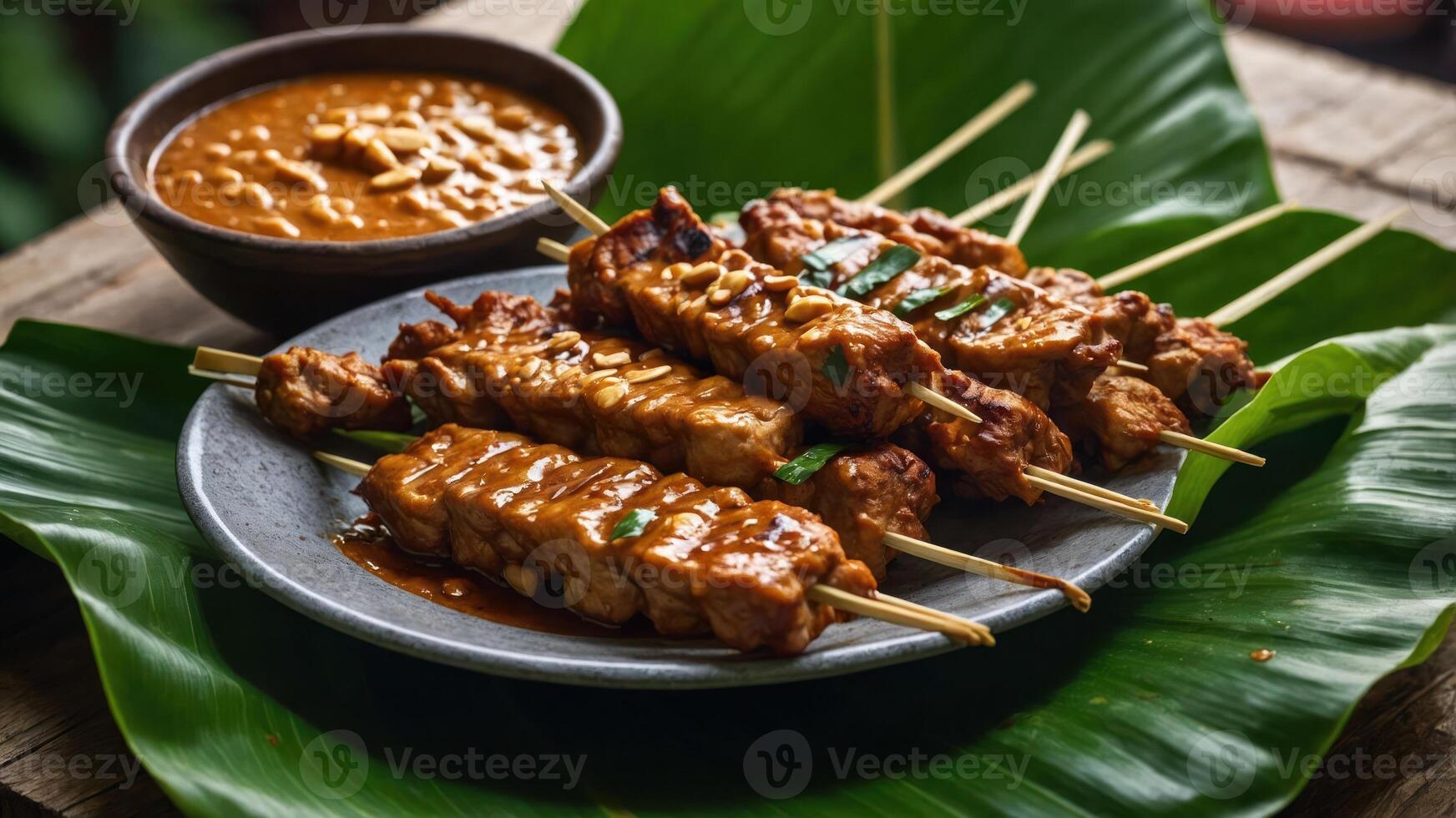 A plate of grilled skewers served with peanut sauce on a green leaf. photo