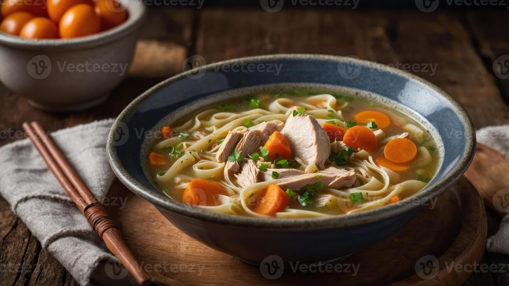 A bowl of chicken noodle soup with carrots, herbs, and a side of eggs. photo