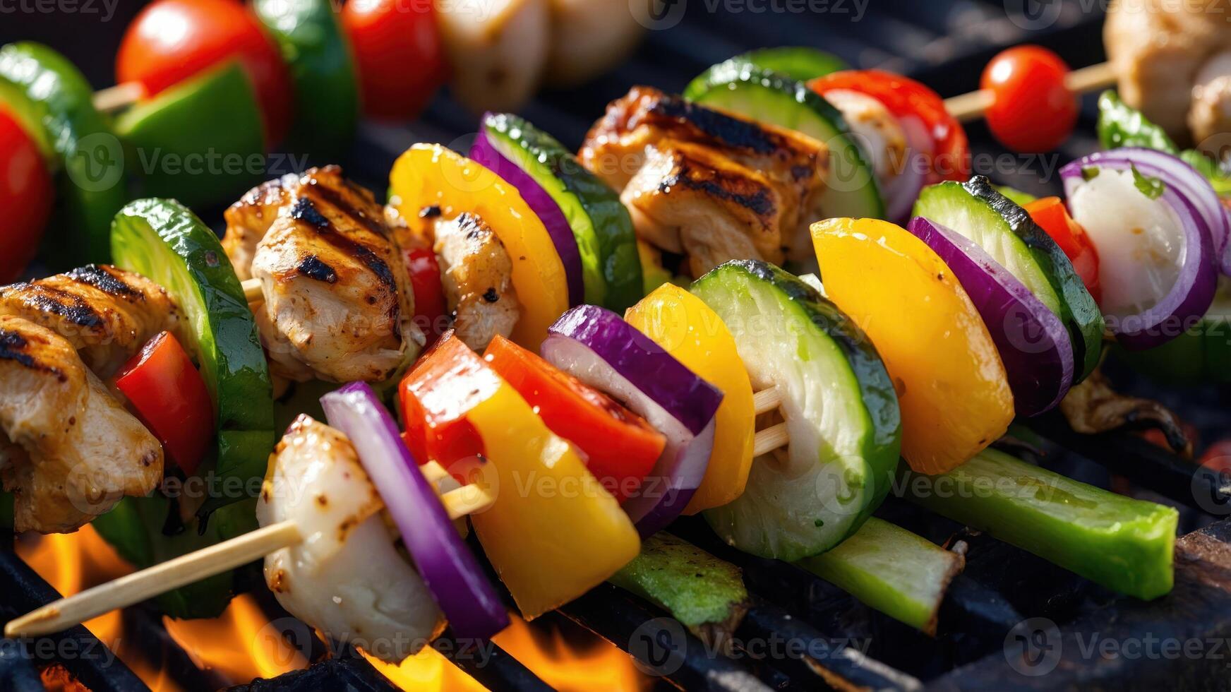 Grilled skewers with colorful vegetables and chicken on a barbecue. photo