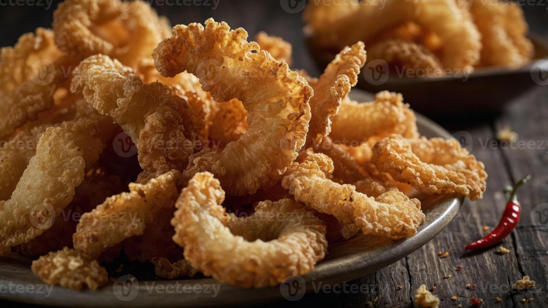 A close-up of crispy fried onion rings served on a plate, showcasing their golden texture. photo