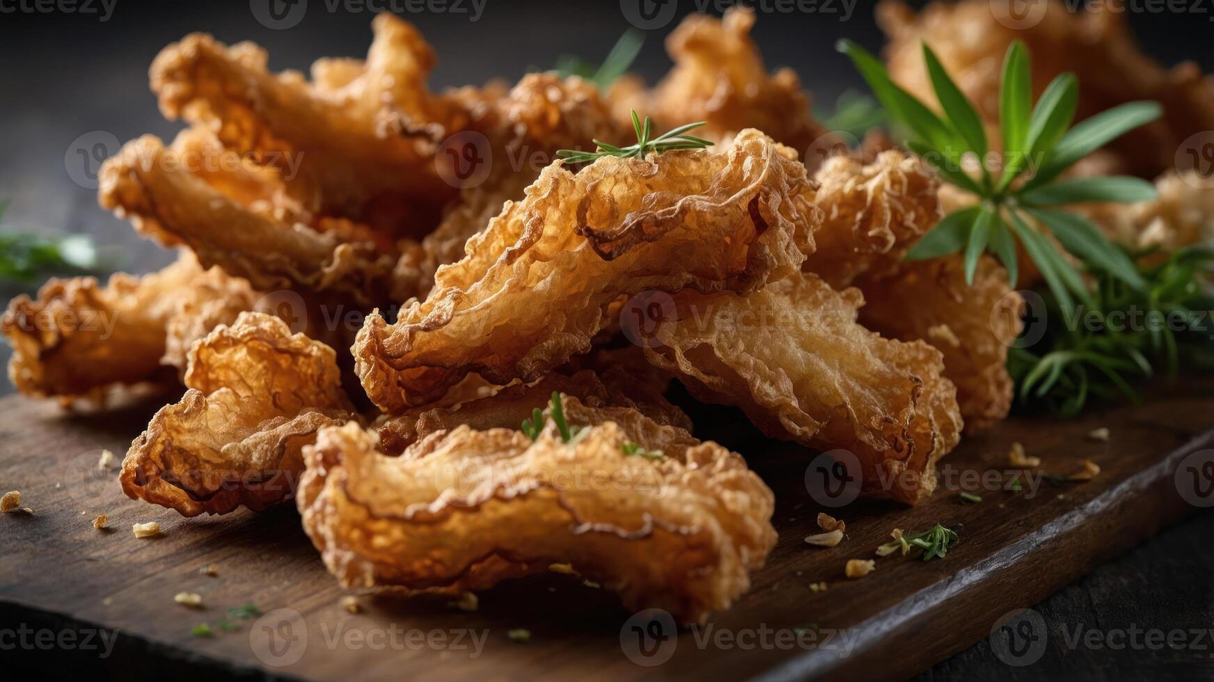 Crispy fried snacks arranged on a wooden board, garnished with herbs. photo