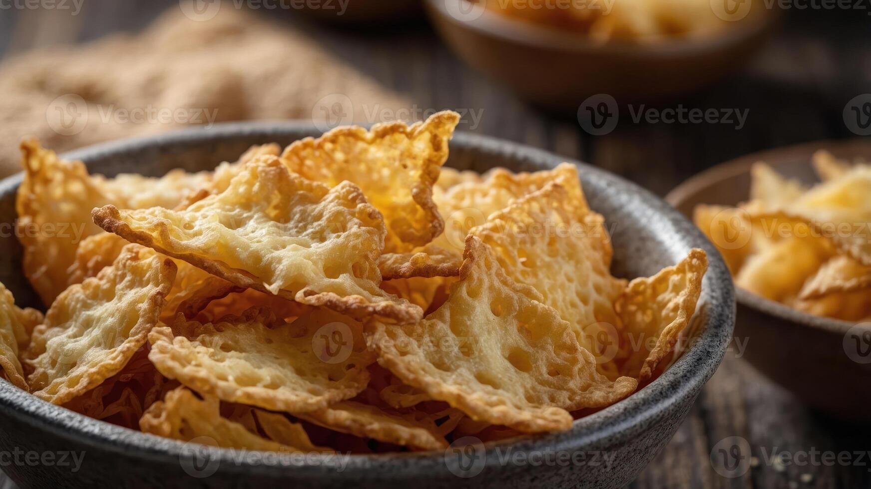 A bowl filled with crispy, golden snacks on a wooden table. photo