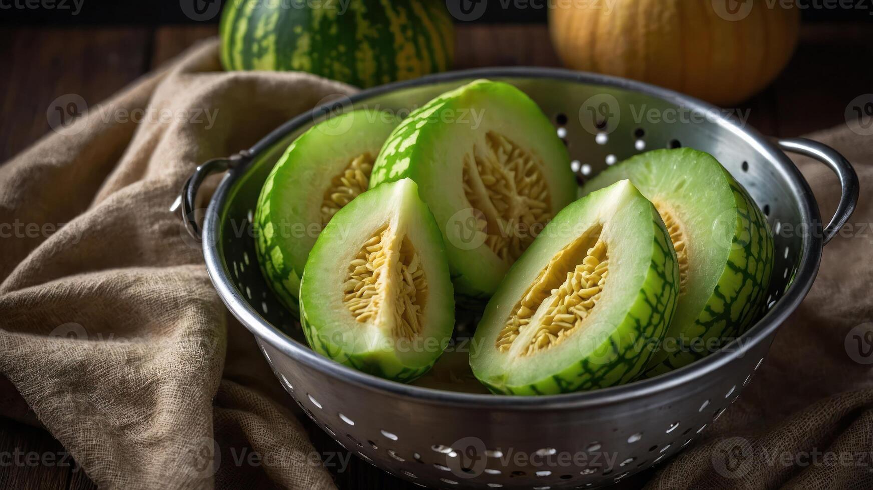 A colander filled with sliced melon showcasing its vibrant green and yellow interior. photo