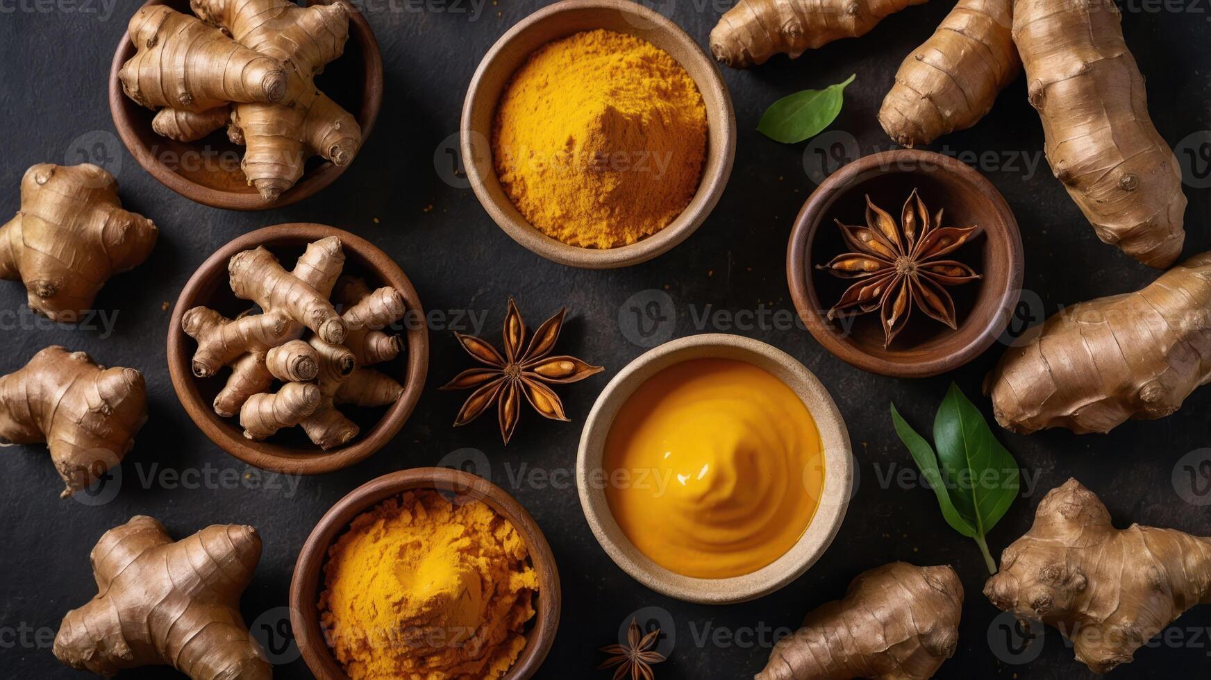 A vibrant arrangement of turmeric, ginger, and spices in bowls on a dark surface. photo