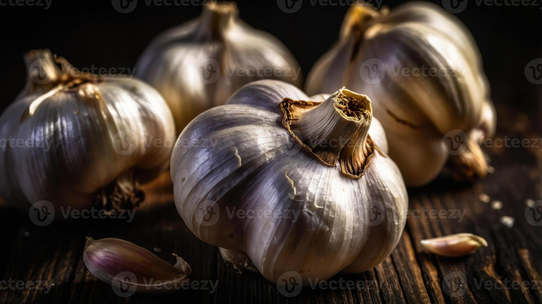A close-up of garlic bulbs on a wooden surface, highlighting their texture and color. photo
