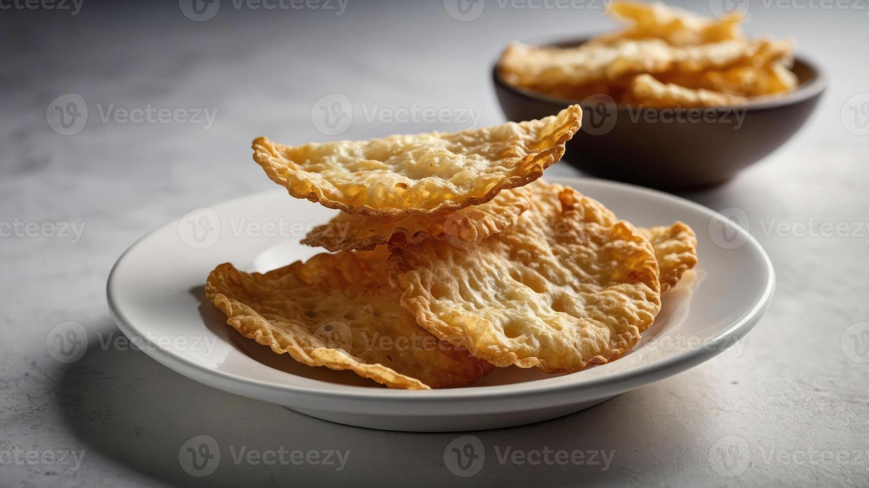 A plate of crispy cheese snacks with a bowl of more snacks in the background. photo