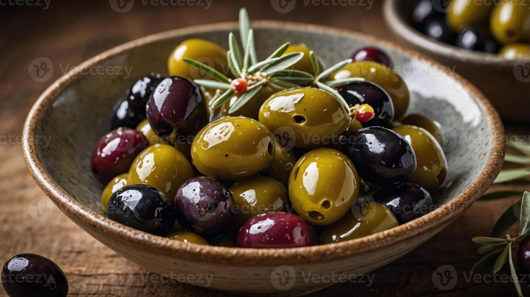 A bowl of assorted olives, showcasing their rich colors and textures, ideal for culinary use. photo