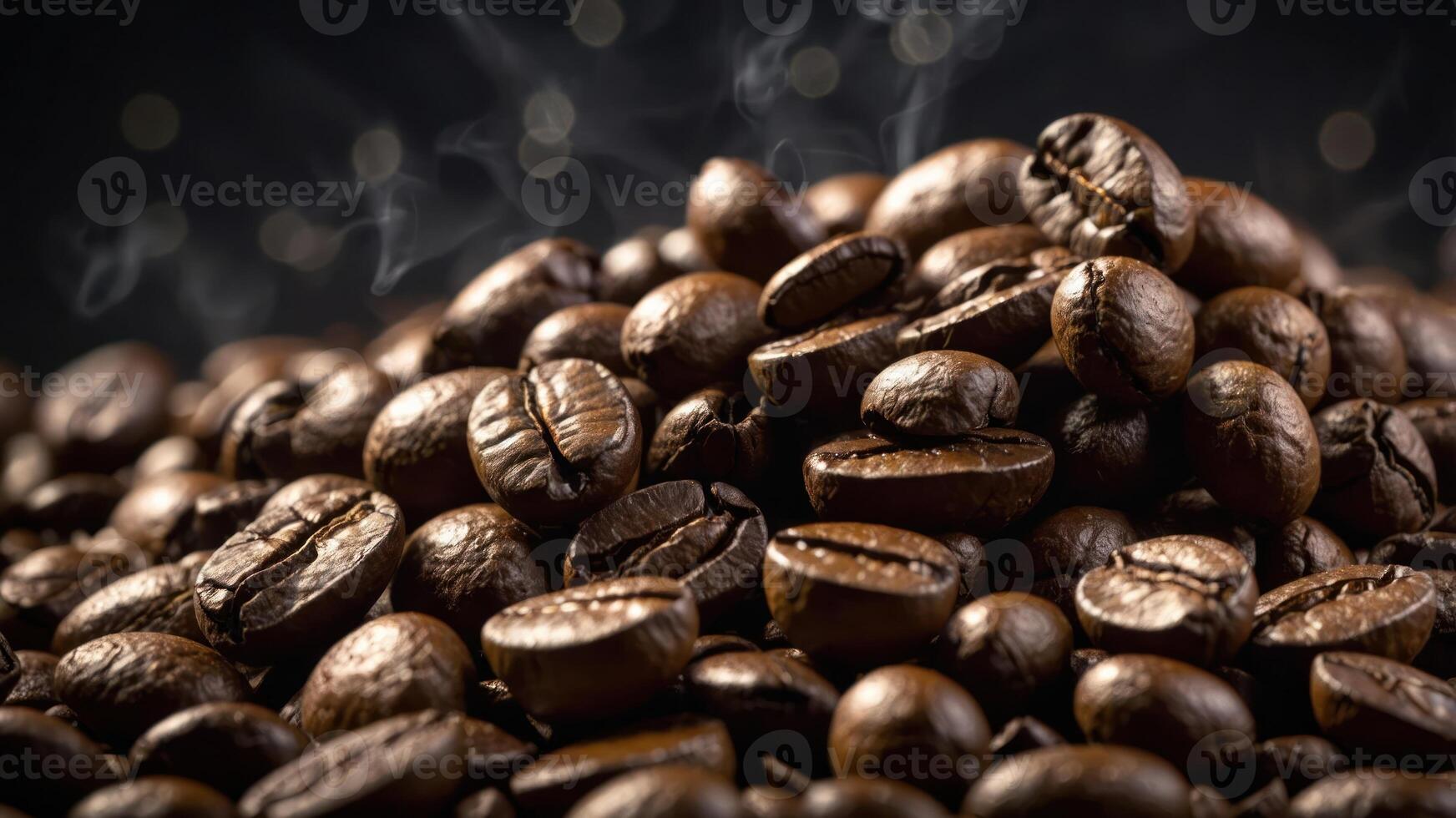 A close-up of roasted coffee beans with steam, highlighting their rich texture and aroma. photo