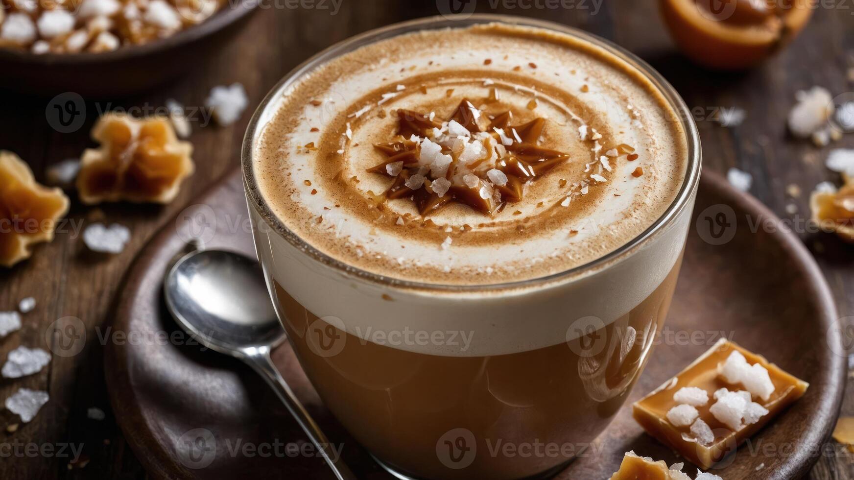 A creamy coffee topped with caramel and sea salt, served in a glass. photo