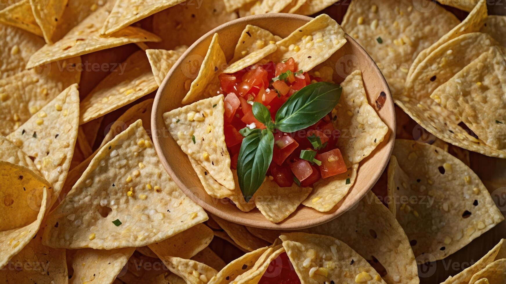 A bowl of salsa surrounded by tortilla chips, perfect for snacking or sharing. photo