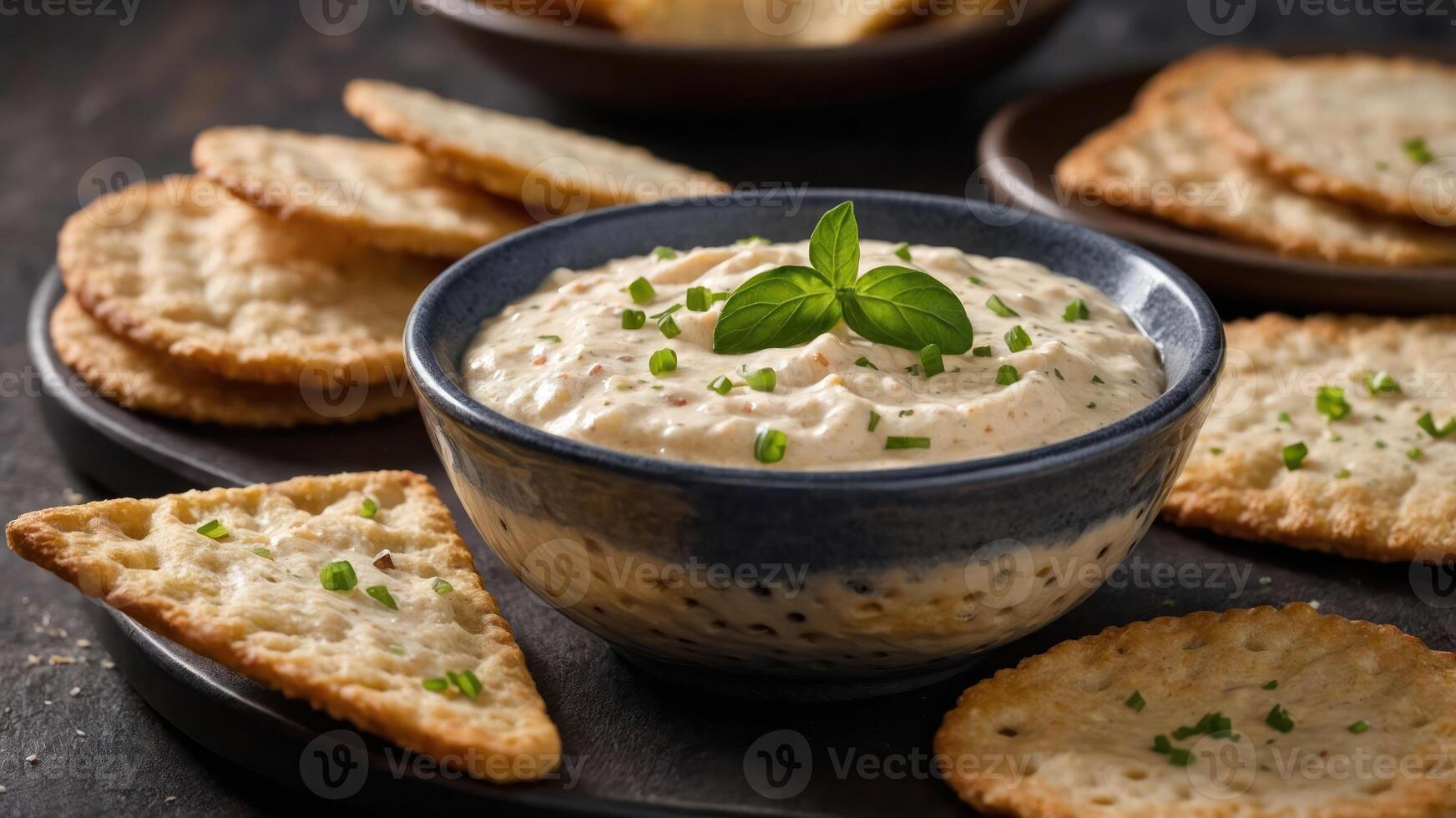A bowl of creamy dip surrounded by crispy crackers, ideal for snacking or entertaining. photo