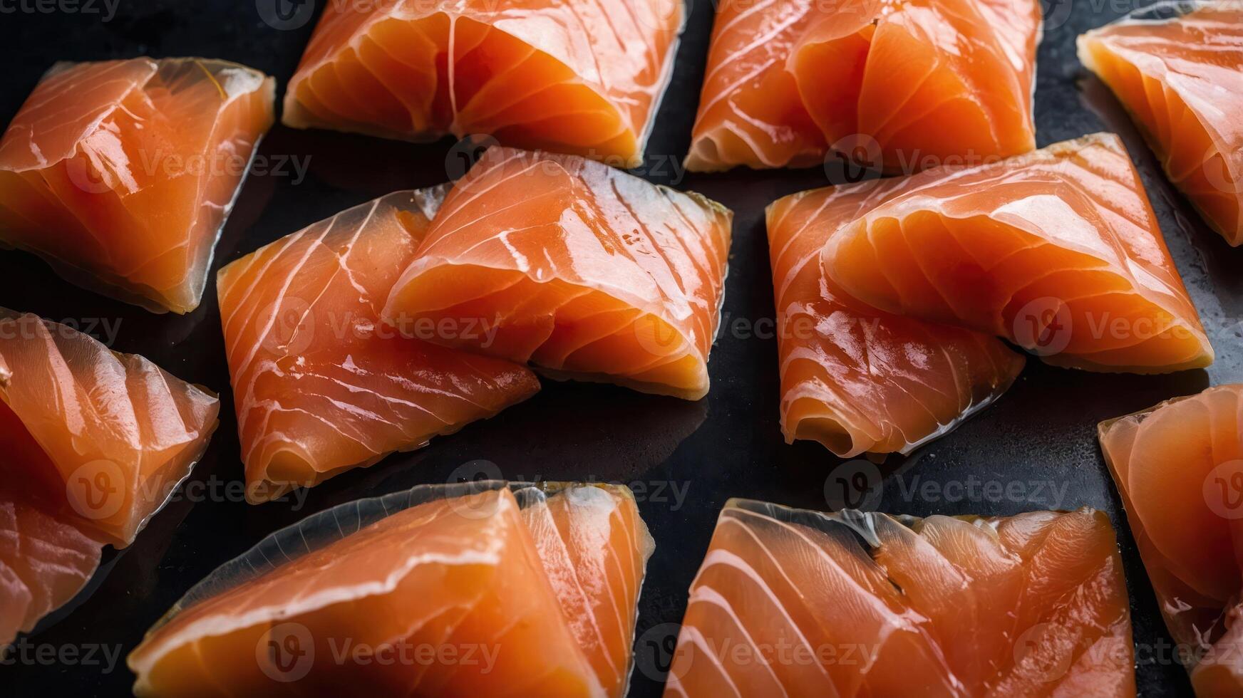 Fresh salmon slices arranged on a dark surface, showcasing vibrant colors and textures. photo