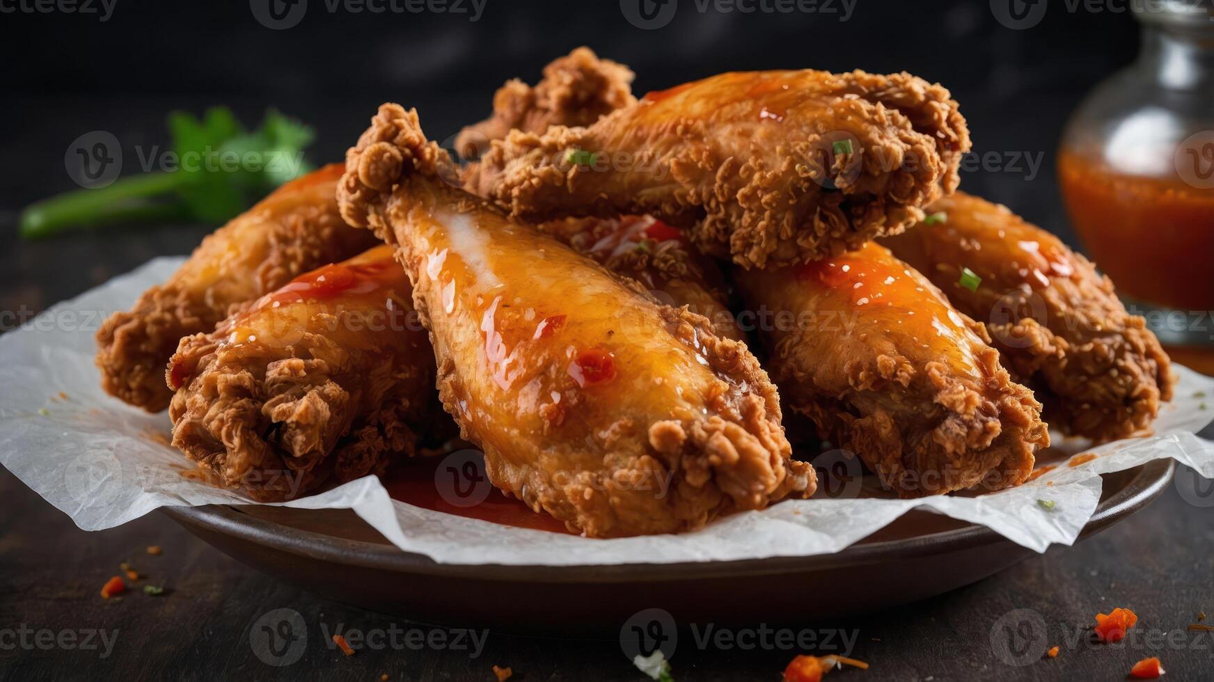 A plate of crispy fried chicken wings drizzled with sauce, served on parchment paper. photo