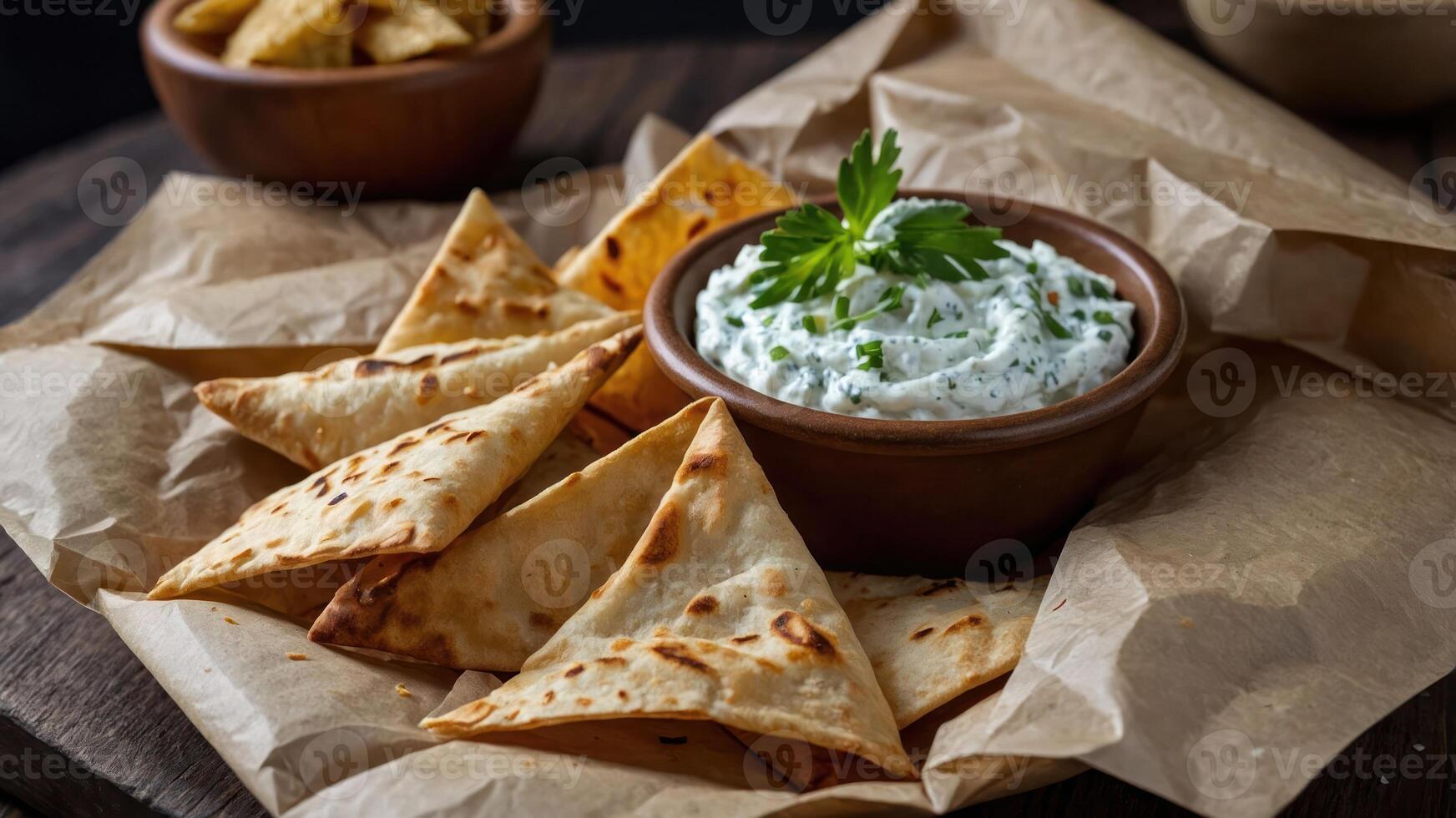 A platter of crispy triangular pastries served with a creamy herb dip. photo