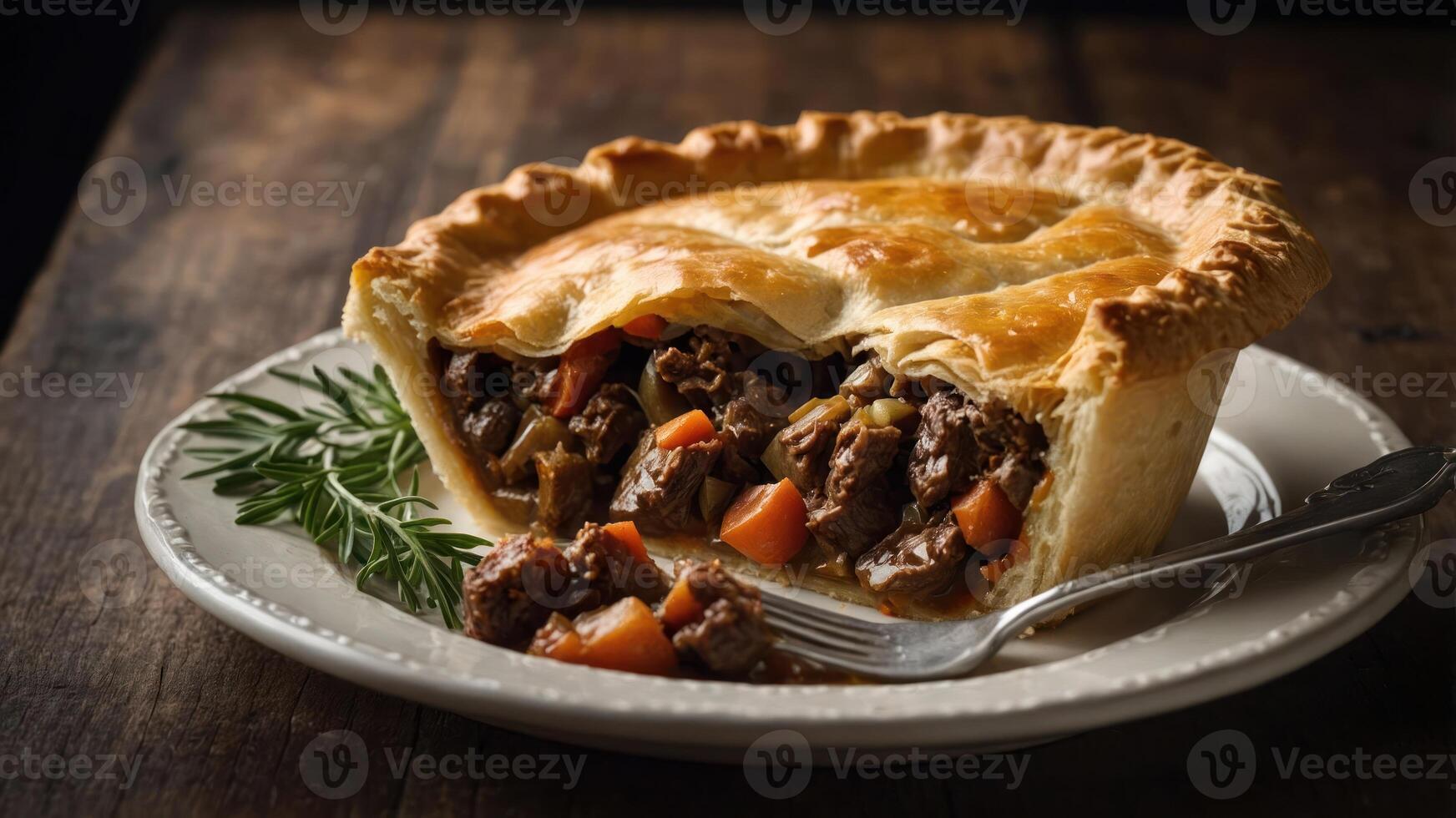 A savory meat pie filled with beef and vegetables, served on a plate with a fork. photo