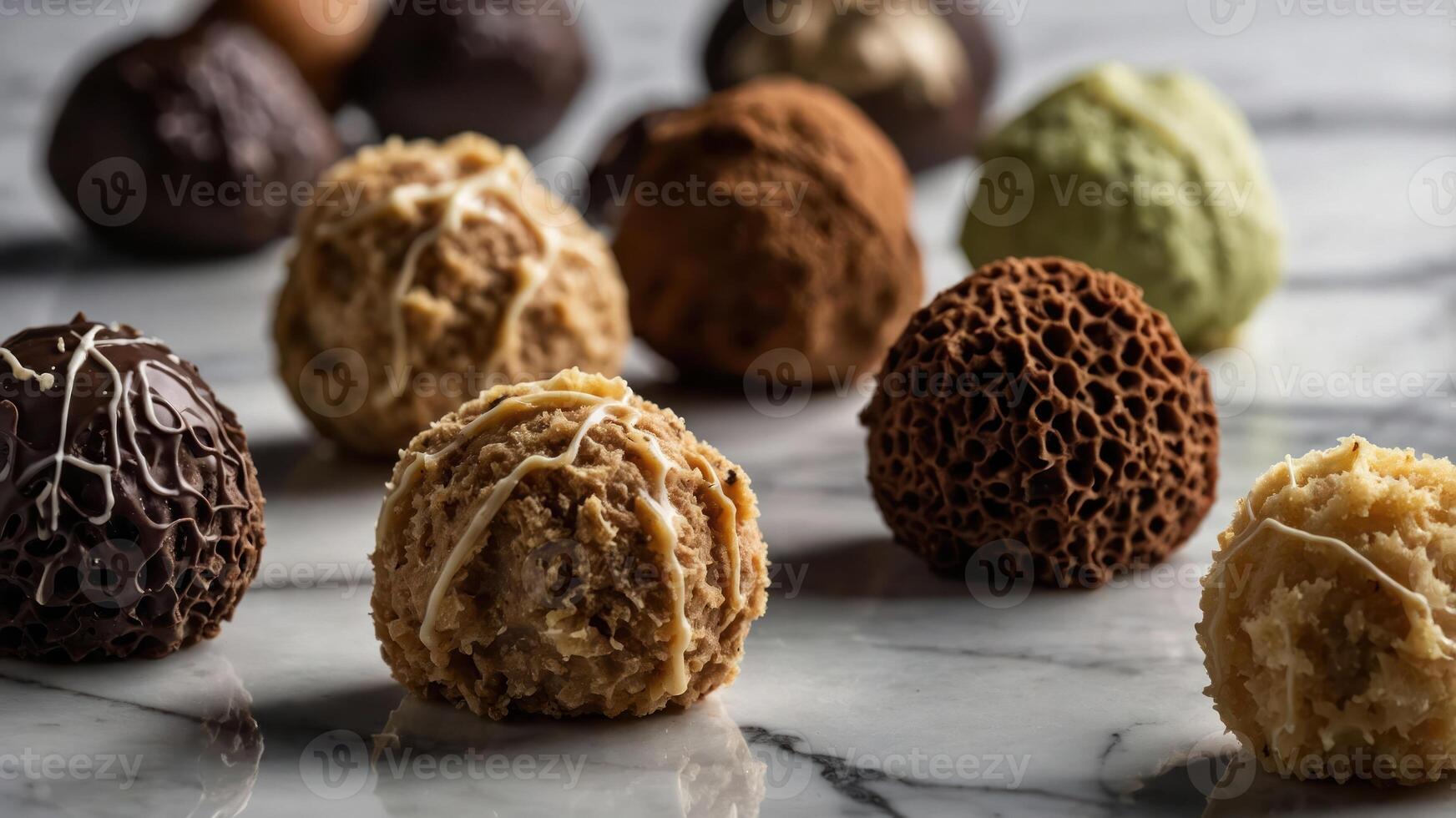 A variety of textured, colorful dessert truffles arranged on a marble surface. photo