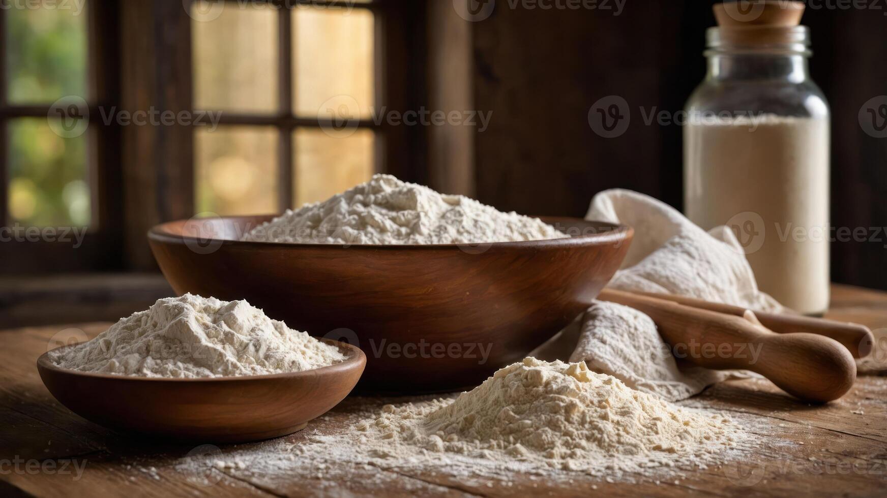 A rustic display of various types of flour in wooden bowls and a jar, emphasizing baking ingredients. photo