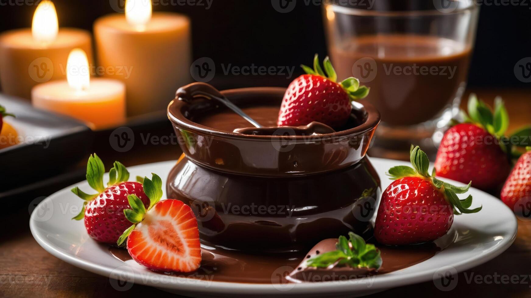 A delightful chocolate fondue served with fresh strawberries, perfect for sharing. photo