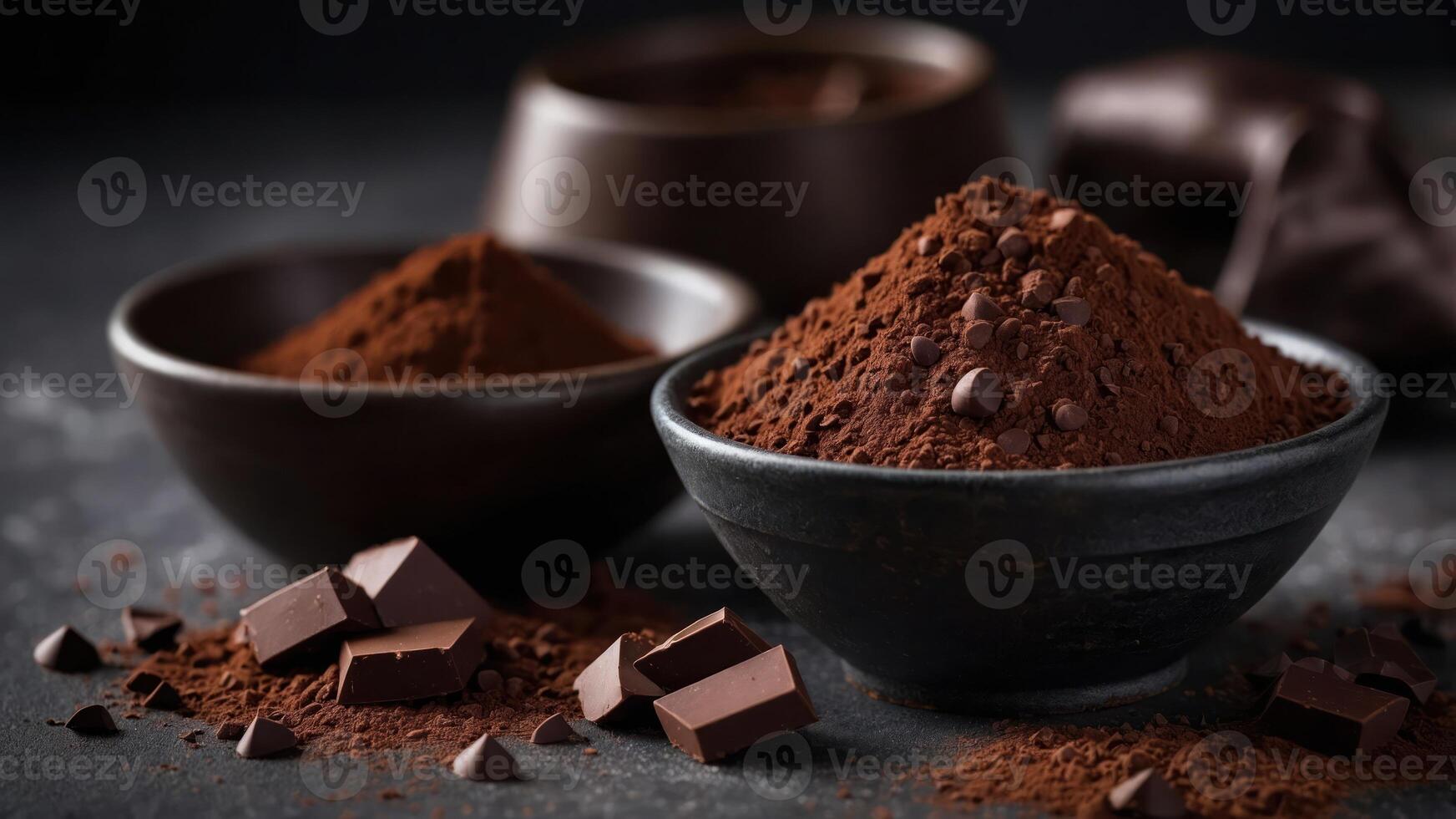 A collection of cocoa powder, chocolate chunks, and dark chocolate in rustic bowls. photo