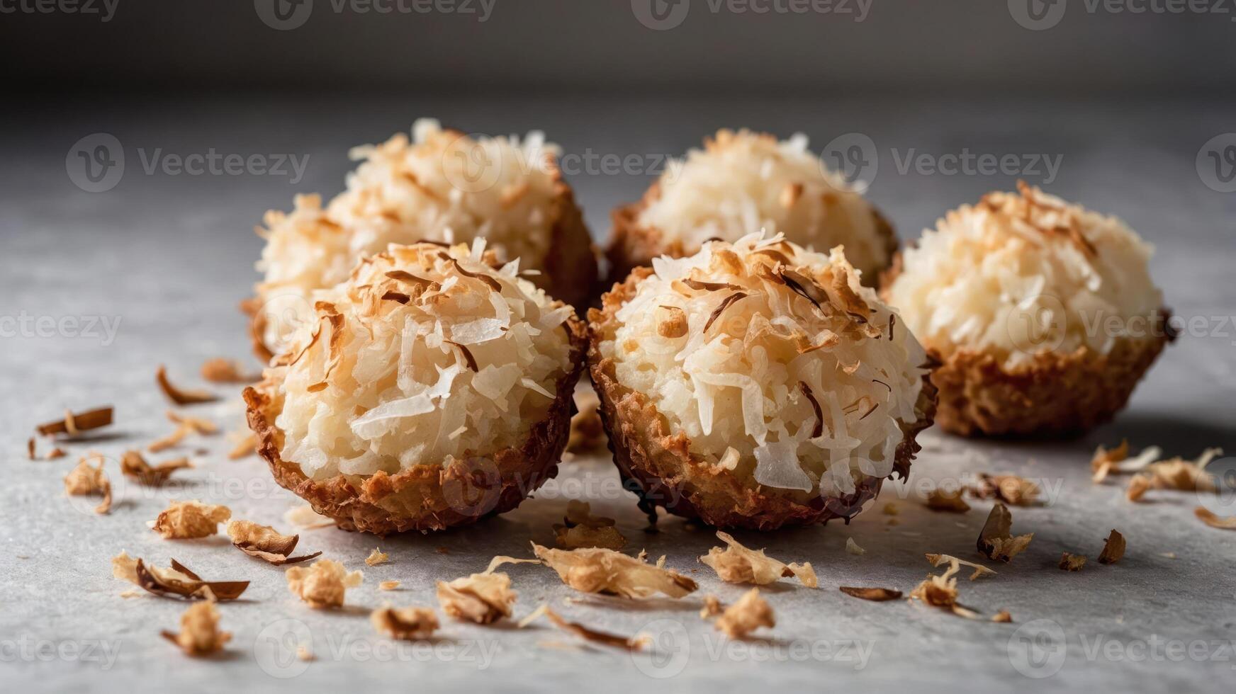 A close-up of coconut macaroons, golden and crispy, arranged on a surface with coconut flakes. photo