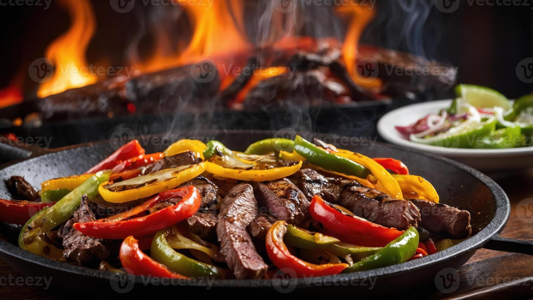 A sizzling platter of colorful grilled vegetables and steak, showcasing a delicious meal. photo