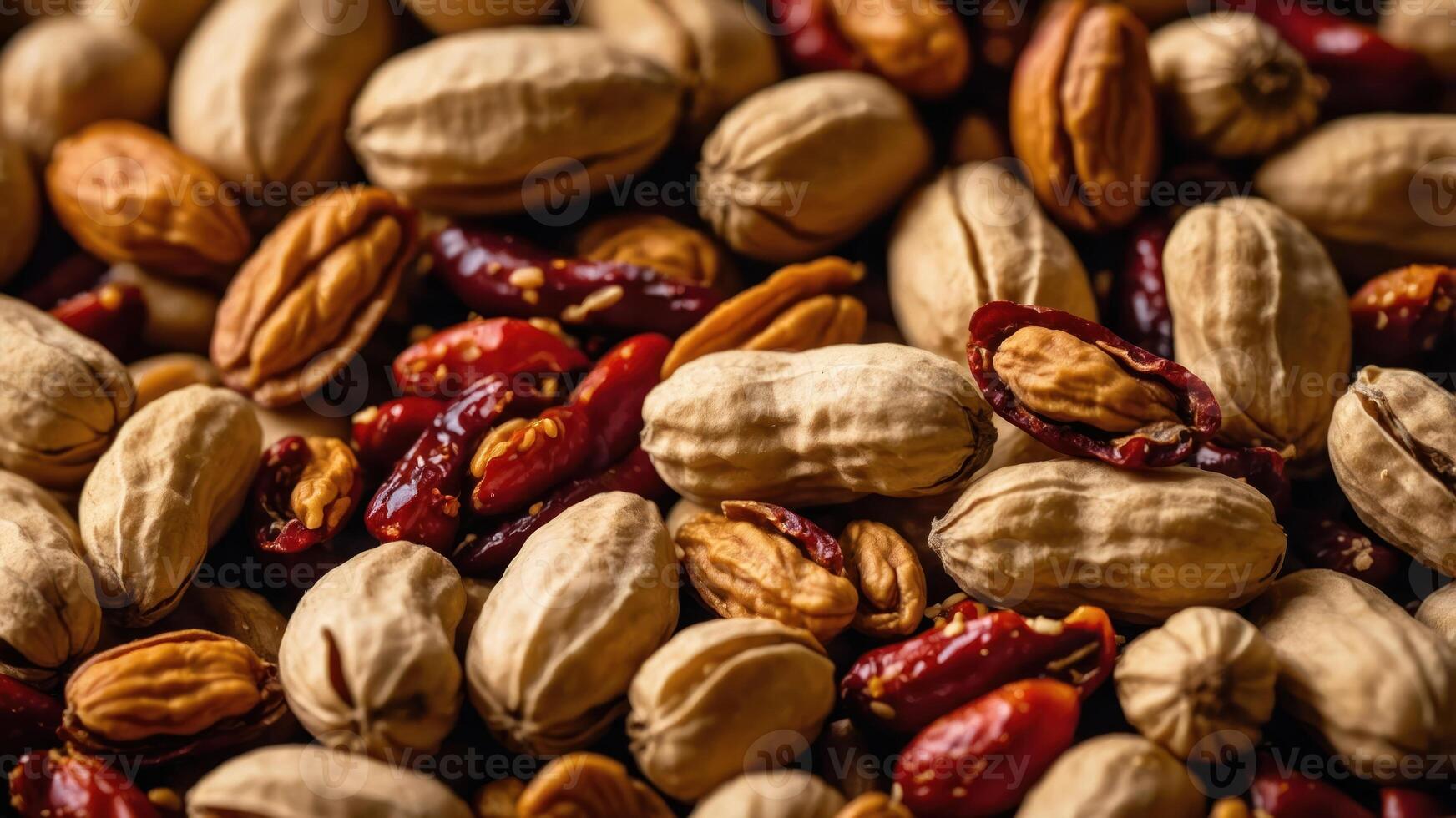 A close-up of assorted nuts and dried red chili peppers, showcasing their textures and colors. photo