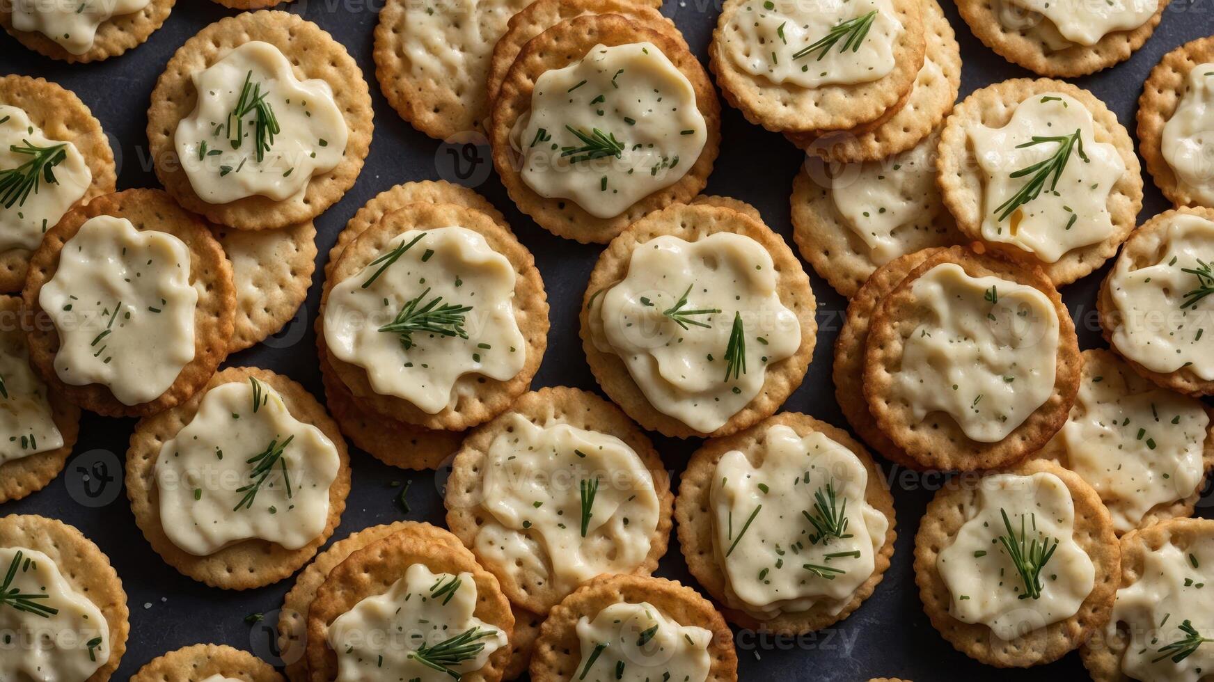 A close-up of crackers topped with creamy spread and herbs, perfect for snacking or appetizers. photo