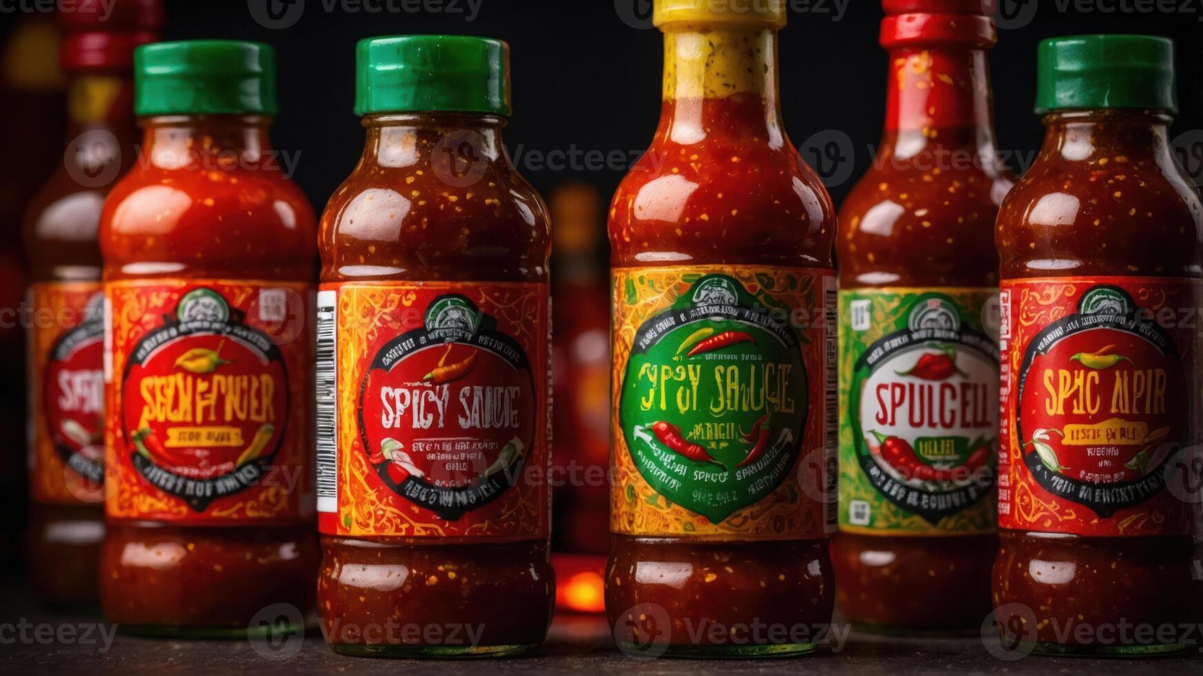 A variety of colorful hot sauce bottles arranged for culinary use. photo