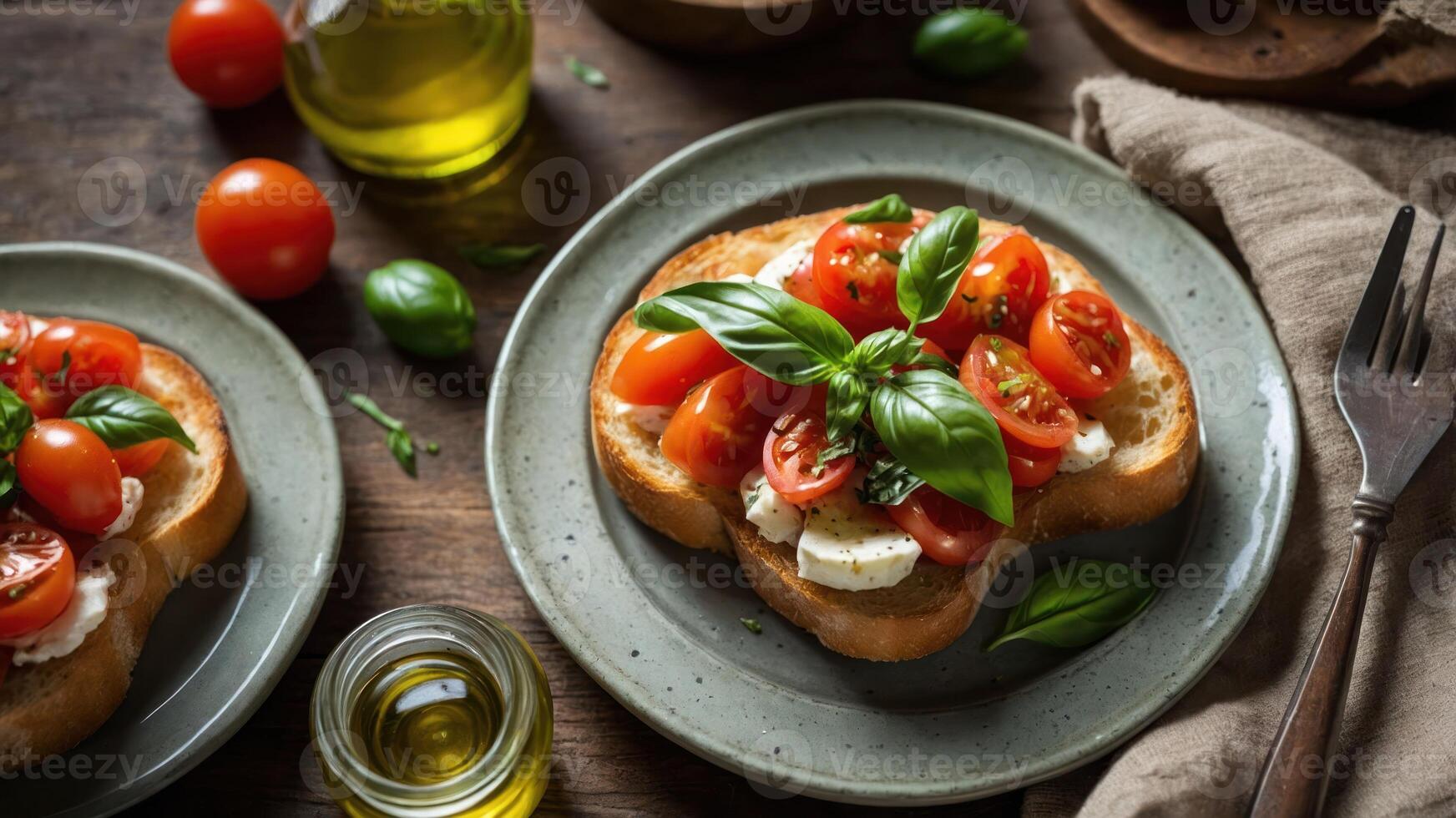 A plate of bruschetta topped with fresh tomatoes and basil, drizzled with olive oil. photo