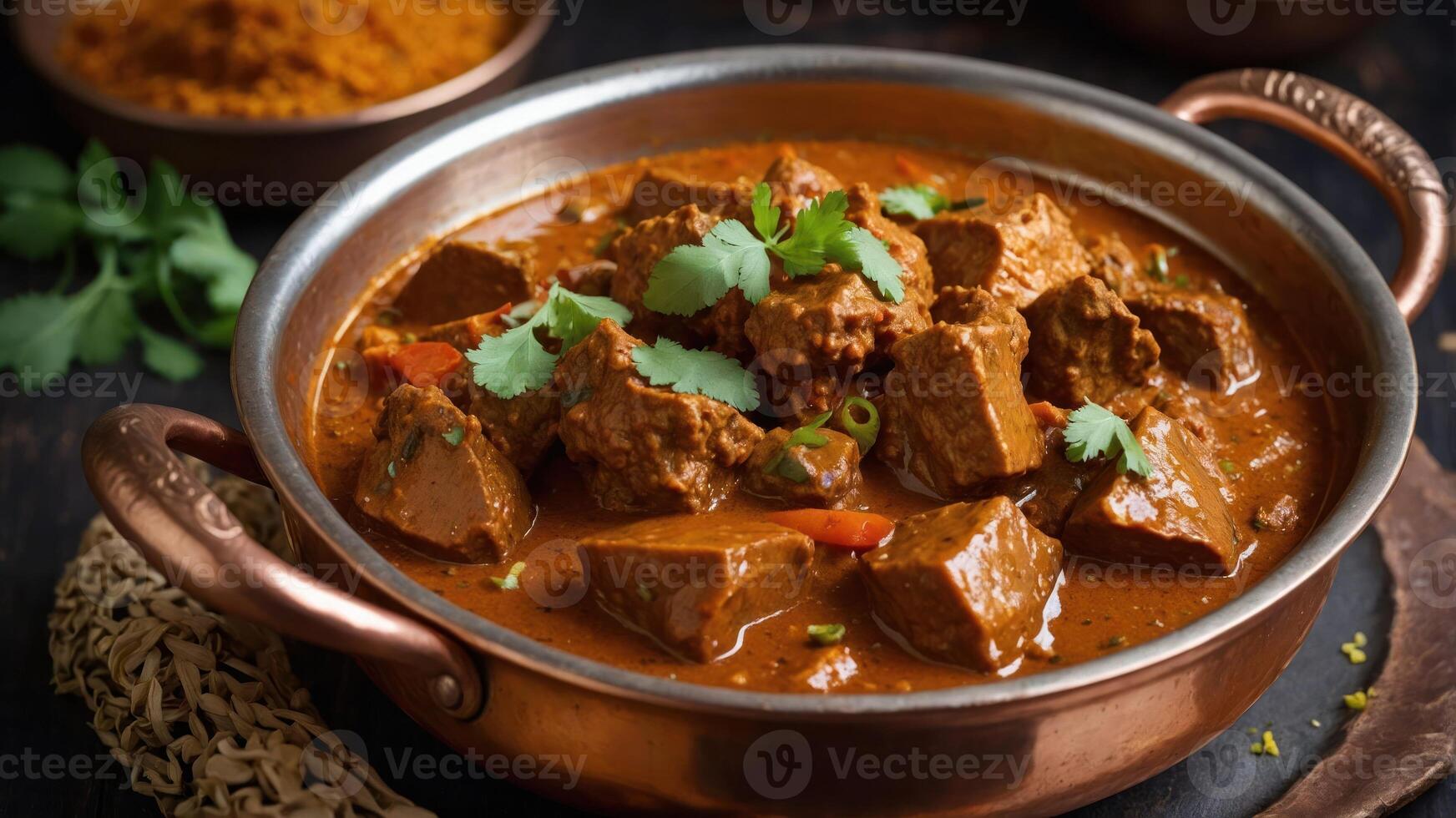 A rich and flavorful meat curry garnished with herbs, served in a copper pot. photo