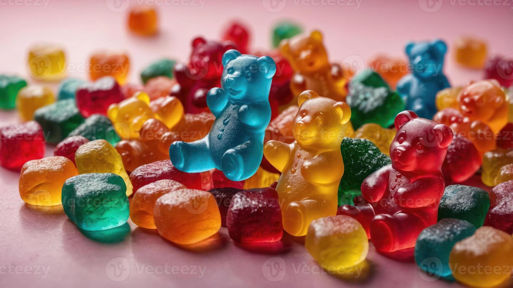 A colorful assortment of gummy candies, featuring bear-shaped and cube-shaped varieties. photo